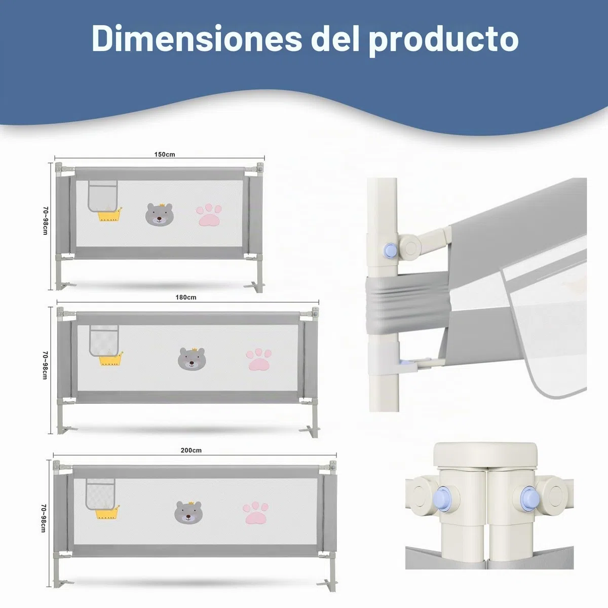 Ikodm Barrera de cama de 150 cm, protección contra caídas, barandilla de cama para niños y camas de matrimonio, altura ajustable de 70-98 cm, estable, gris