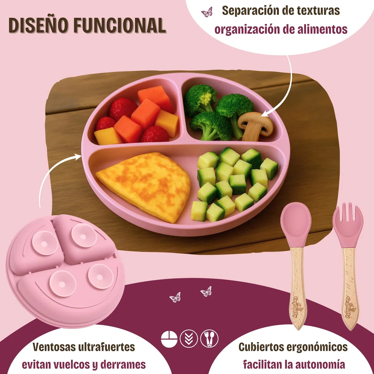 Vajilla Bebe Silicona - Cubiertos Bebe 6 Meses - Platos Bebe Ventosa - Blw Utensilios - Vajilla Infantil - Alimentacion Complementaria Bebe - Cubiertos Infantiles - Babero Silicona Rosa