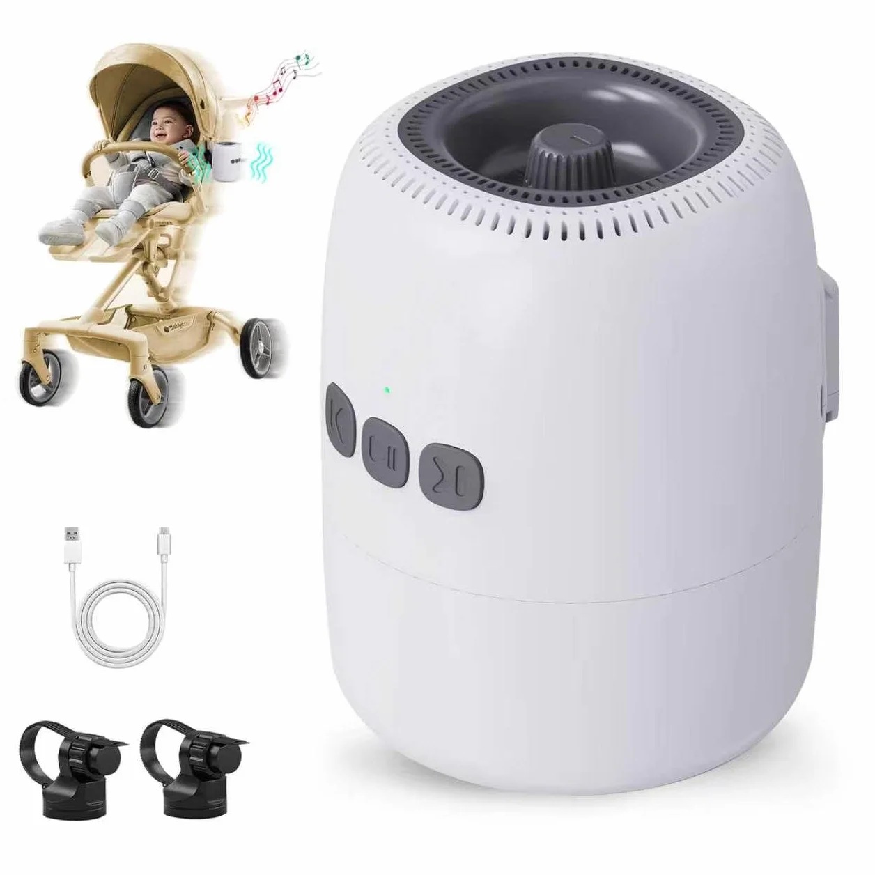 Baby Rocker Recargable, Mecedora Carro Bebe con 5 Niveles de Balanceo y Ruido Blanco - Ajustable, Ultra Silencioso, USB-C, 2 Soportes Universales para Todos los Cochecitos (Gris)