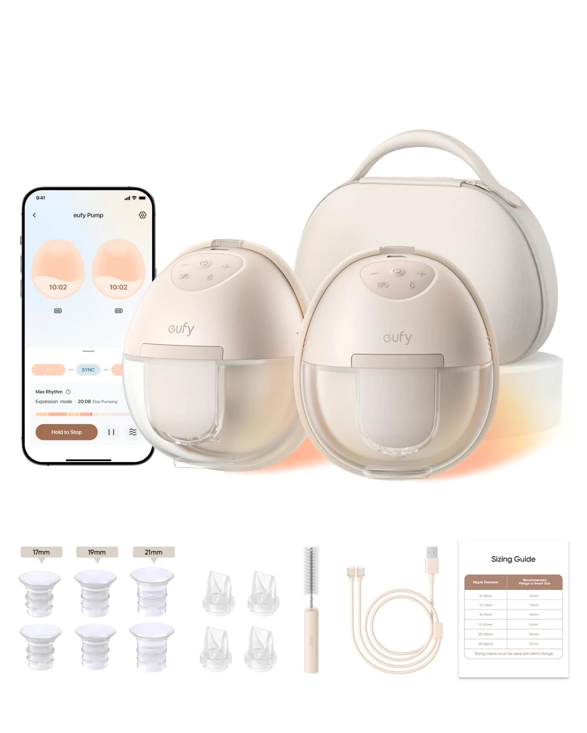 Sacaleches calefactable eufy S1 Pro, sacaleches con tecnología HeatFlow™, estuche de carga inalámbrica, OptiRhythm™ controlado por app, succión de grado hospitalario, uso dentro del sujetador.