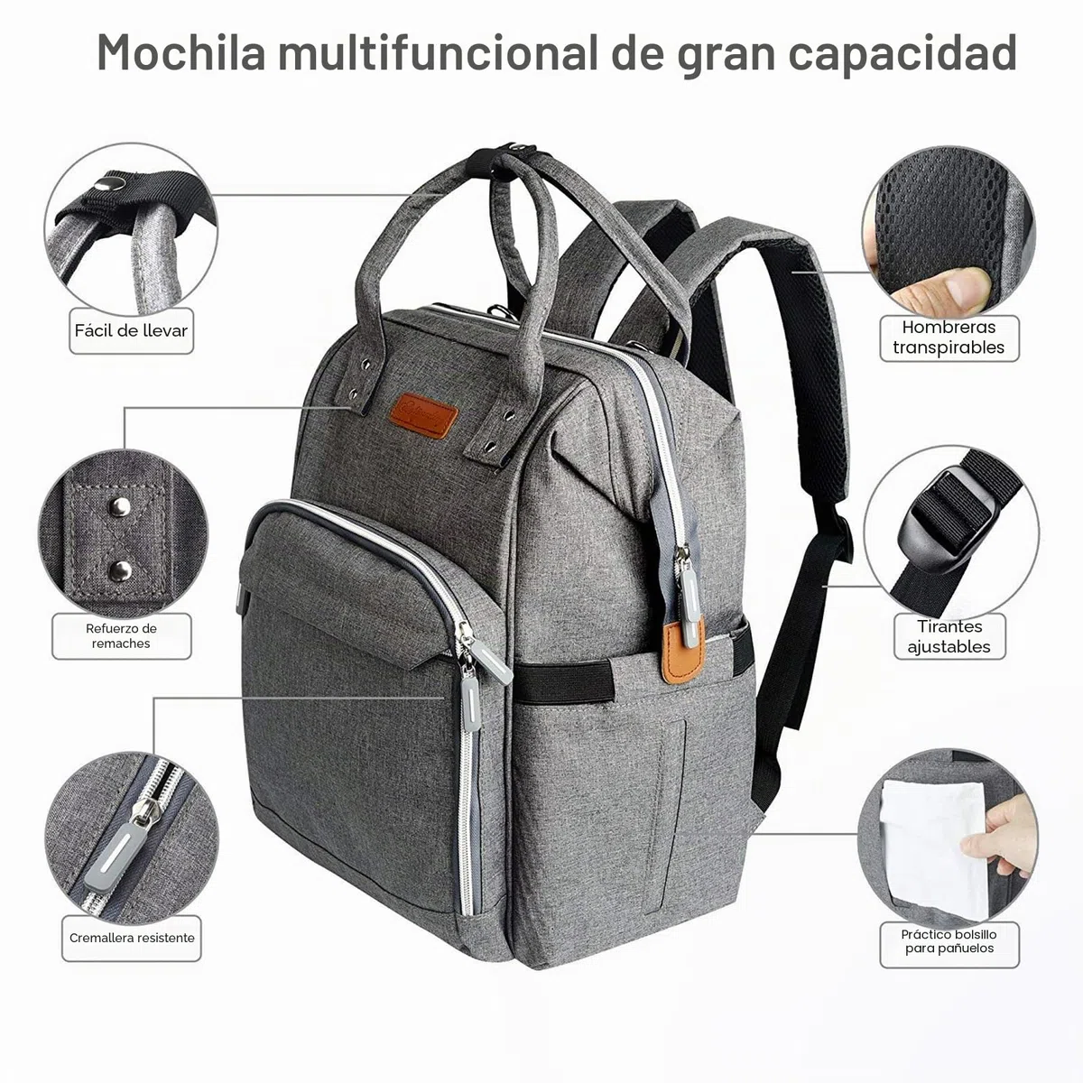 Mochila para pañales de bebé, bolso cambiador multifuncional de gran capacidad, mochila para bebé, bolsa de viaje con bolsillo térmico, correa de hombro ajustable, mochila con 2 correas para cochecito