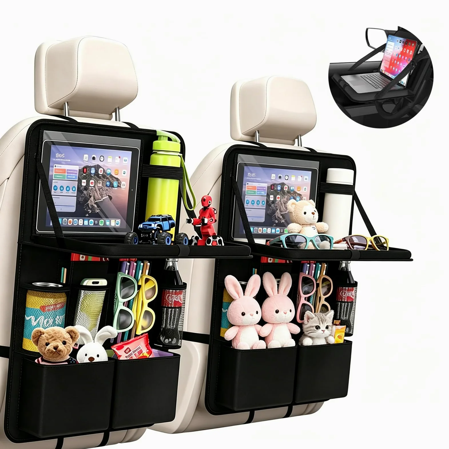 Juego de 2 organizadores para coche con mesa plegable desmontable, 62 x 42 cm, organizador de asiento trasero para niños y adultos, 11 bolsillos + compartimento para pantalla táctil, protector
