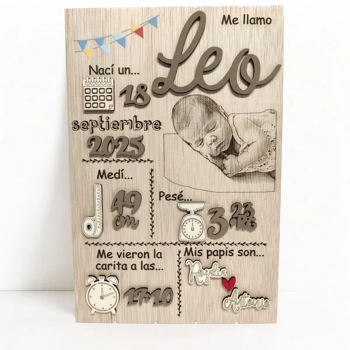 Natalicio Bebe Personalizado – Regalos para Bebes Recien Nacidos Niño y Niña Originales, Hecho a Mano en Madera Natural, Decoracion Habitacion Bebe, 20 Diseños (Foto Grabada, Pintado)