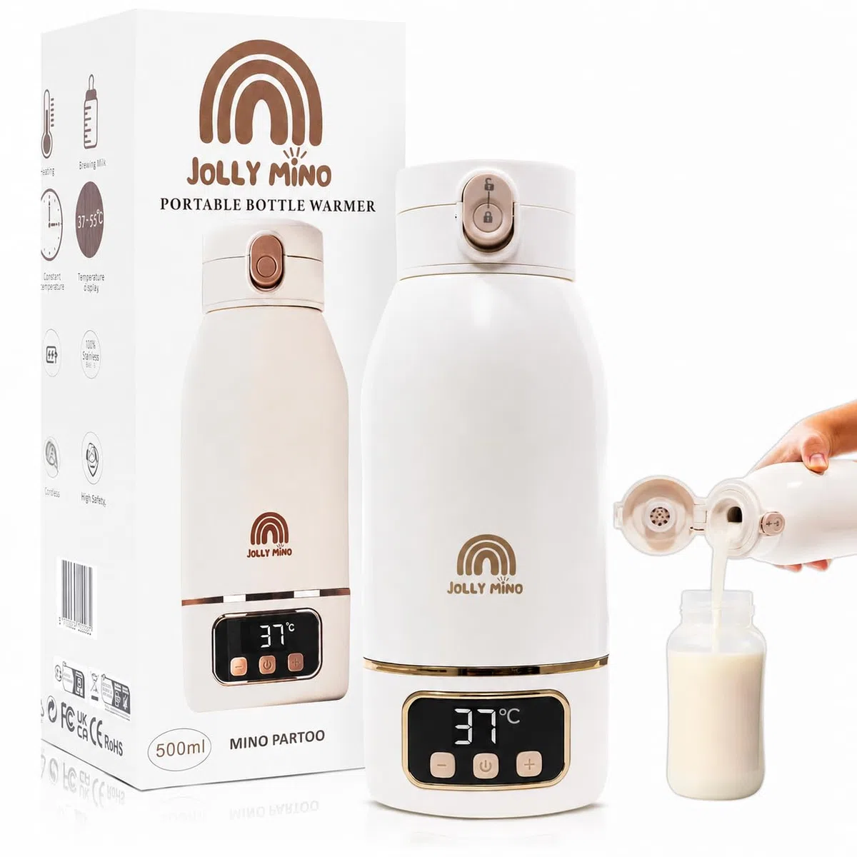 Calentador de Biberones Portátil Sin Cable 500ml, Agua y Leche Materna, Viaje/Coche/Noche, Cepillo Incluido, Diseño Dorado Premium Auto-Pasteurización