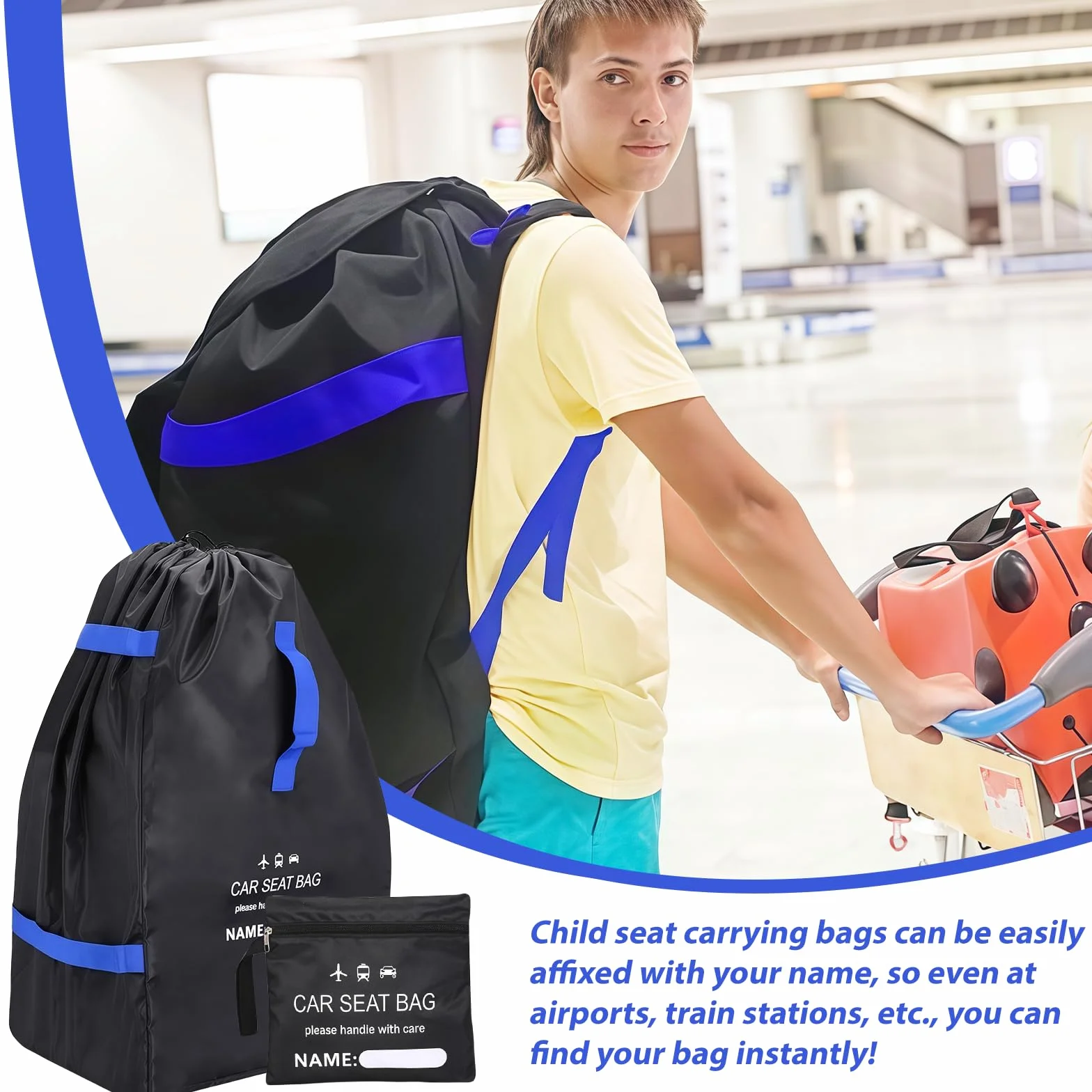 Bolsa de transporte para asiento infantil, bolsa de viaje para viajes en avión, bolsa de transporte para silla de paseo, para cochecito, silla de paseo, 85 x 45 x 45 cm, color negro y azul