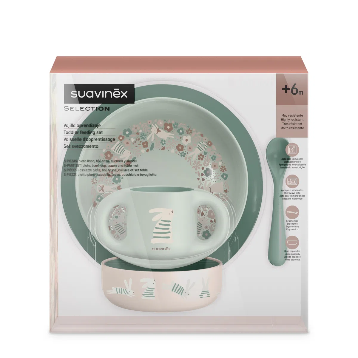 Suavinex, Vajilla para Bebés, de Aprendizaje, +6 Meses, Irrompible, Vajilla Infantil Apta Para Lavavajillas y Microondas. Incluye: Taza + Plato + Bol + Mantel Antideslizante + Cuchara. Blanco Verde