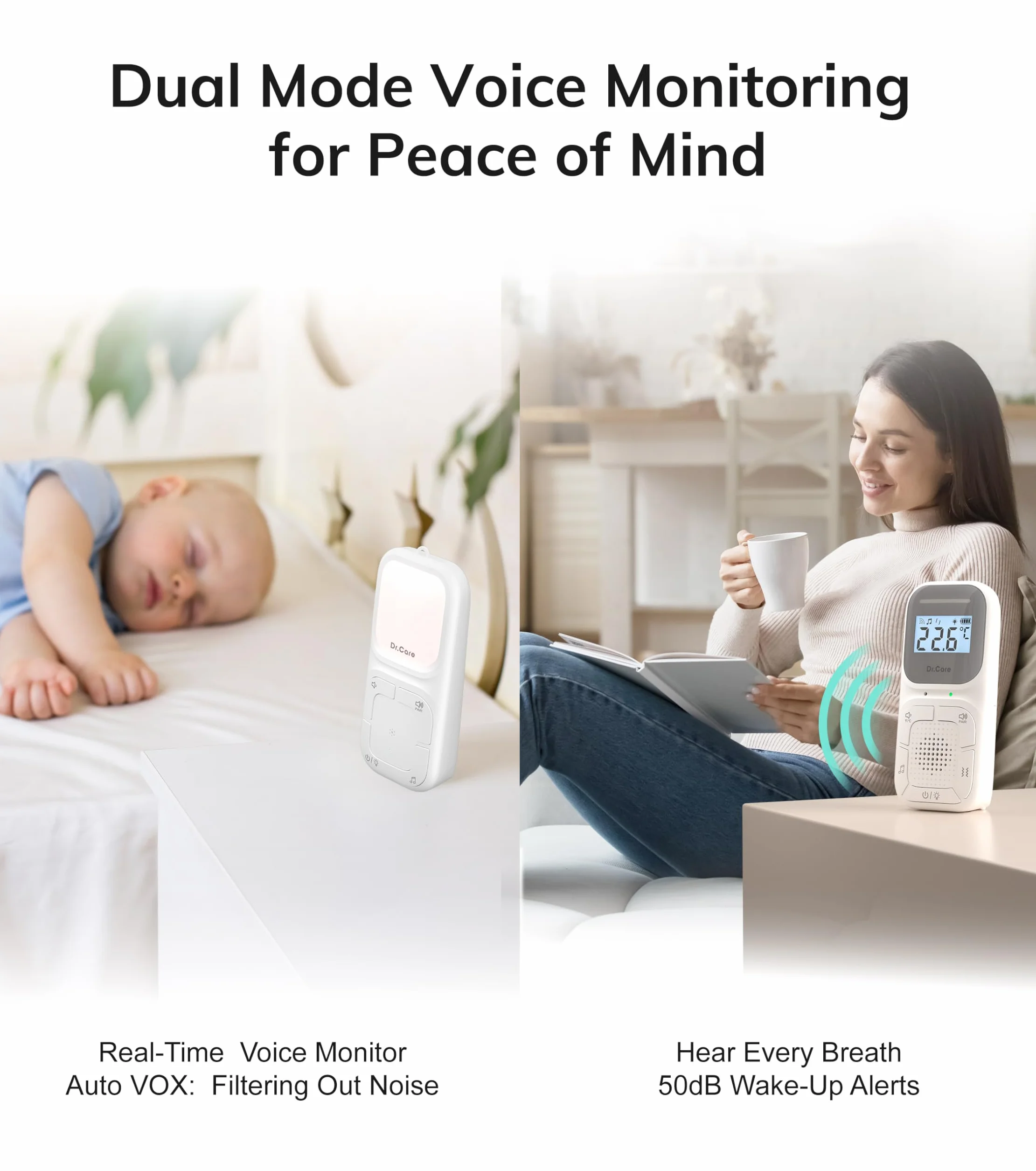Dr.Care Neo Go Monitor de Audio Portátil para Bebés Ayuda para Dormir con Alcance de 300m, Batería de Día y Noche, Clip Portátil, VOX, Luz Nocturna, 8 Canciones de Cuna, Alarma por Vibración, Cordón