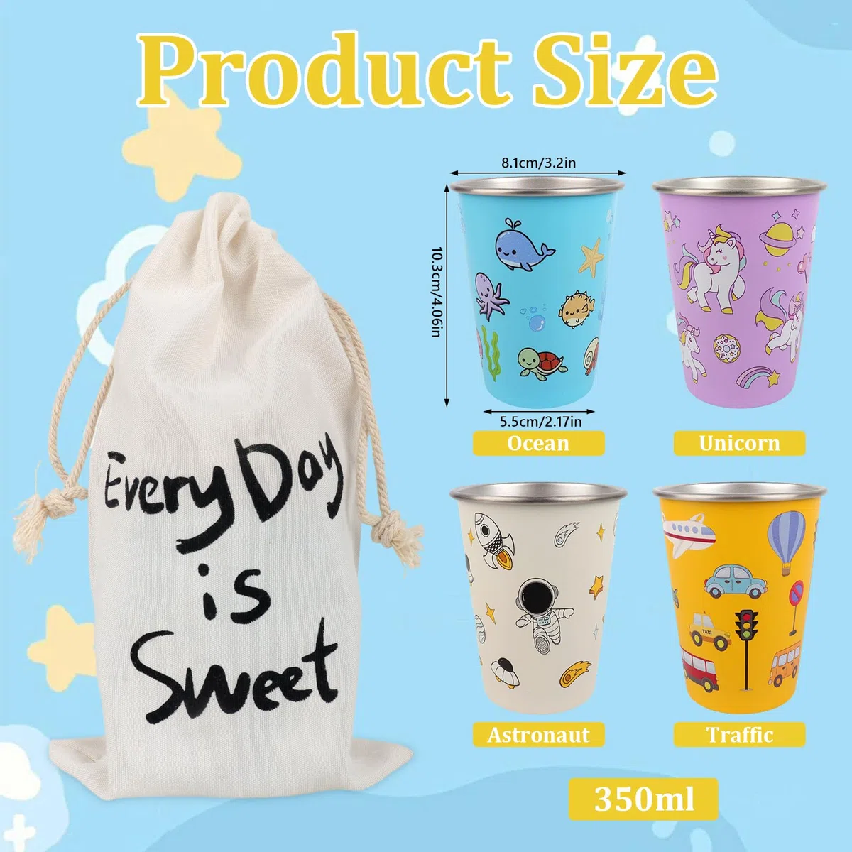 4 vasos infantiles de acero inoxidable, 350 ml, vasos de acero inoxidable, reutilizables, vasos para niños, con bolsa de almacenamiento para niños y niñas (diseño en 4 colores)