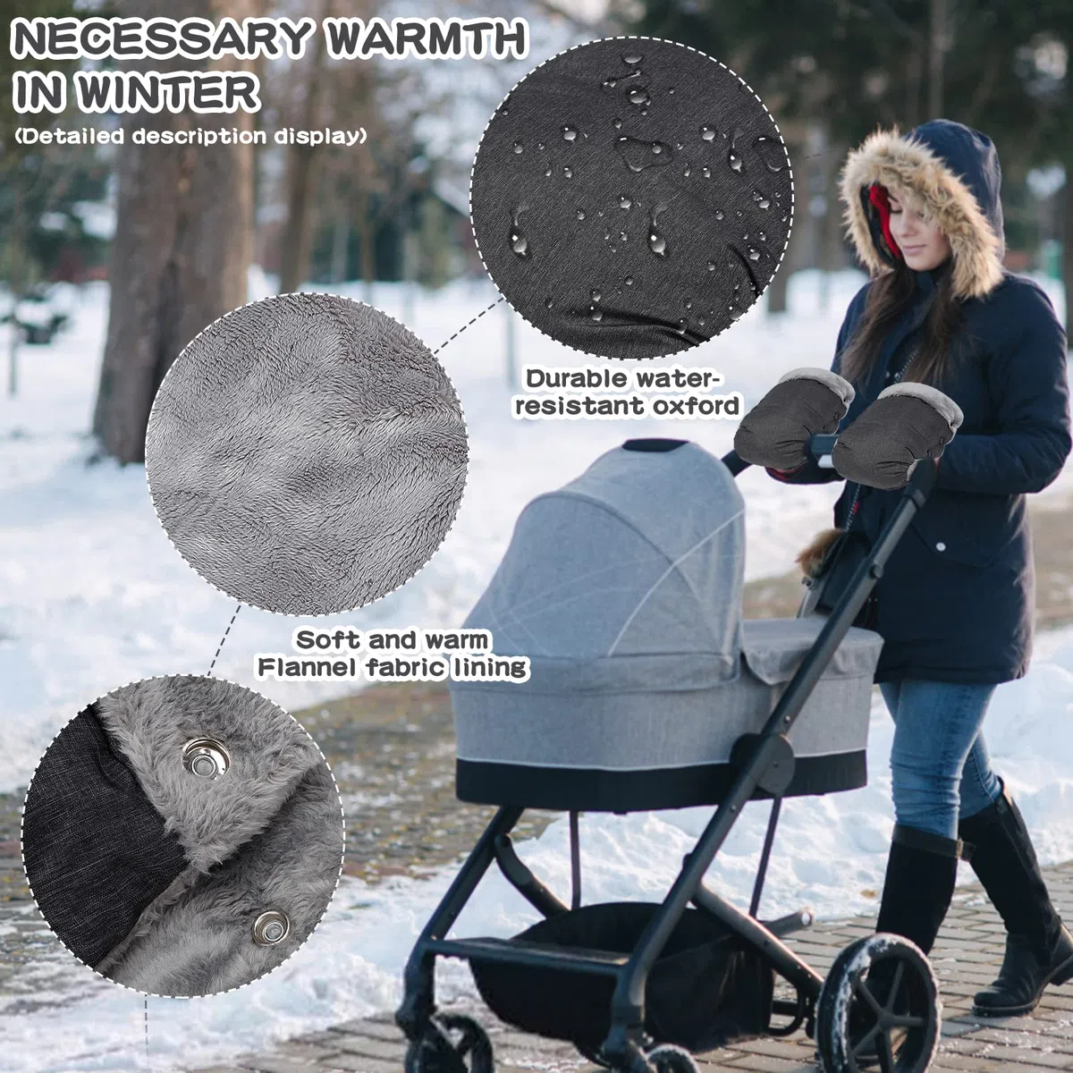 Amzeeniu Guantes Carrito Bebé Manoplas Carrito Bebe con forro polar,Guantes Cochecito bebe Impermeable y Cortaviento Todos los Cochecitos Bicicleta Silla de Ruedas Guantes Carro bebe Invierno(gris)