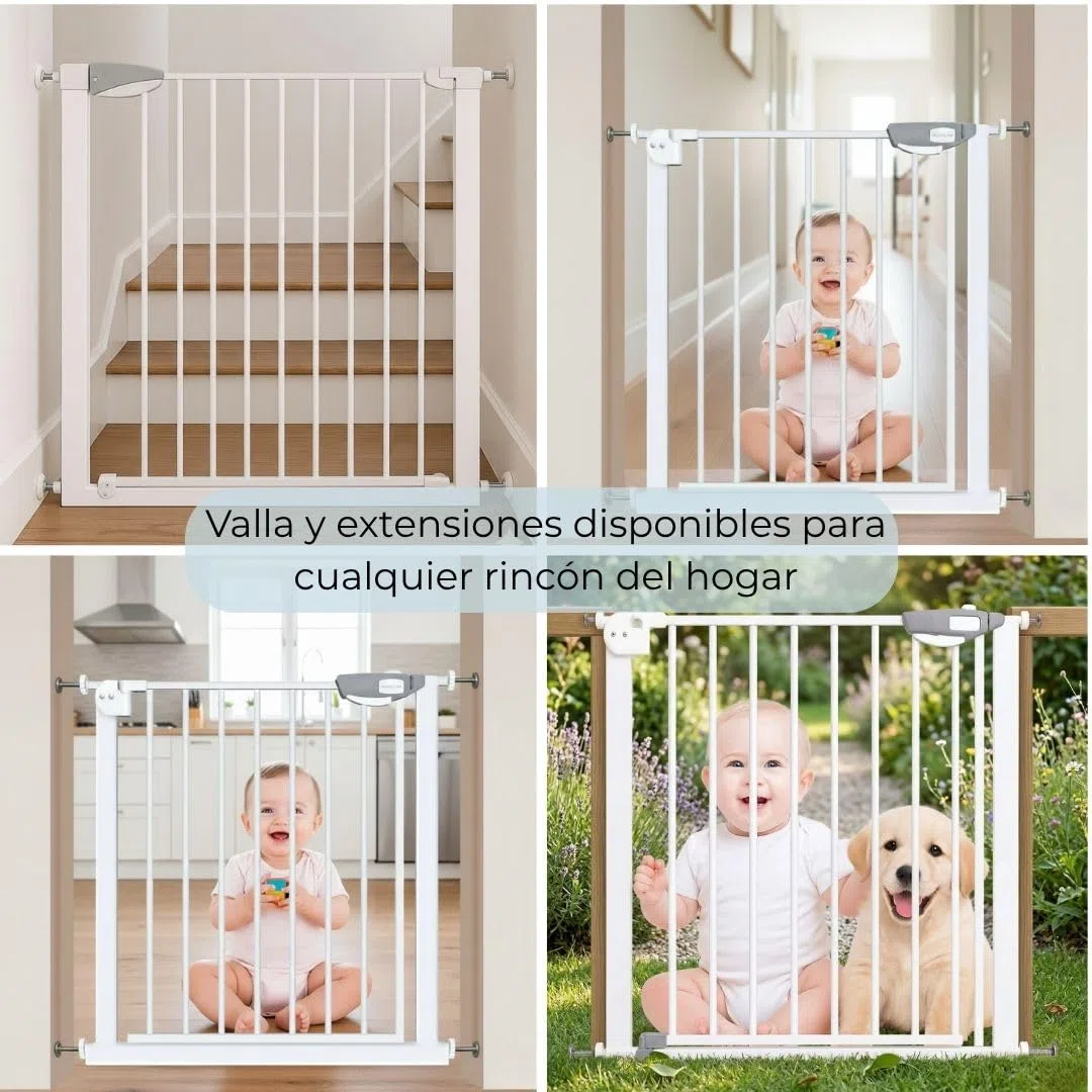 Barrera de Seguridad para Niños y Mascotas, 75-84cm, Instalación Sin Tornillos, Sistema de Cierre Automático, Giro Bidireccional, para Puertas, Pasillos y Escaleras (Blanco, Extensión 80cm)