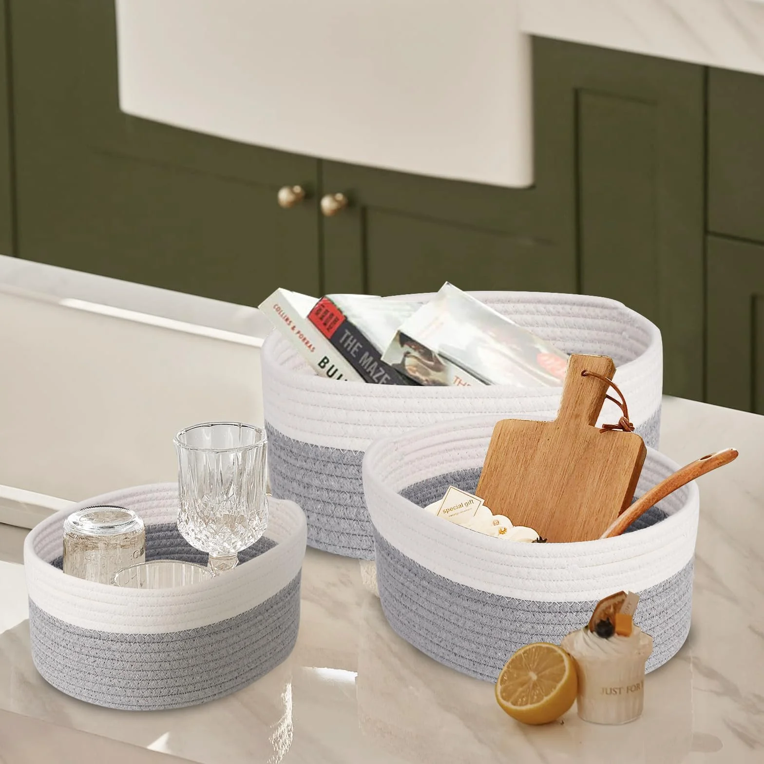 5 Piezas Cestas Almacenaje Tejidas con Cuerda de Algodón,Cestos Organizadores,Cesta Organizadora Bebe, Cestas Organizadoras para Dormitorio, Baño, Cocina, Armario, Juguetes, Maquillaje