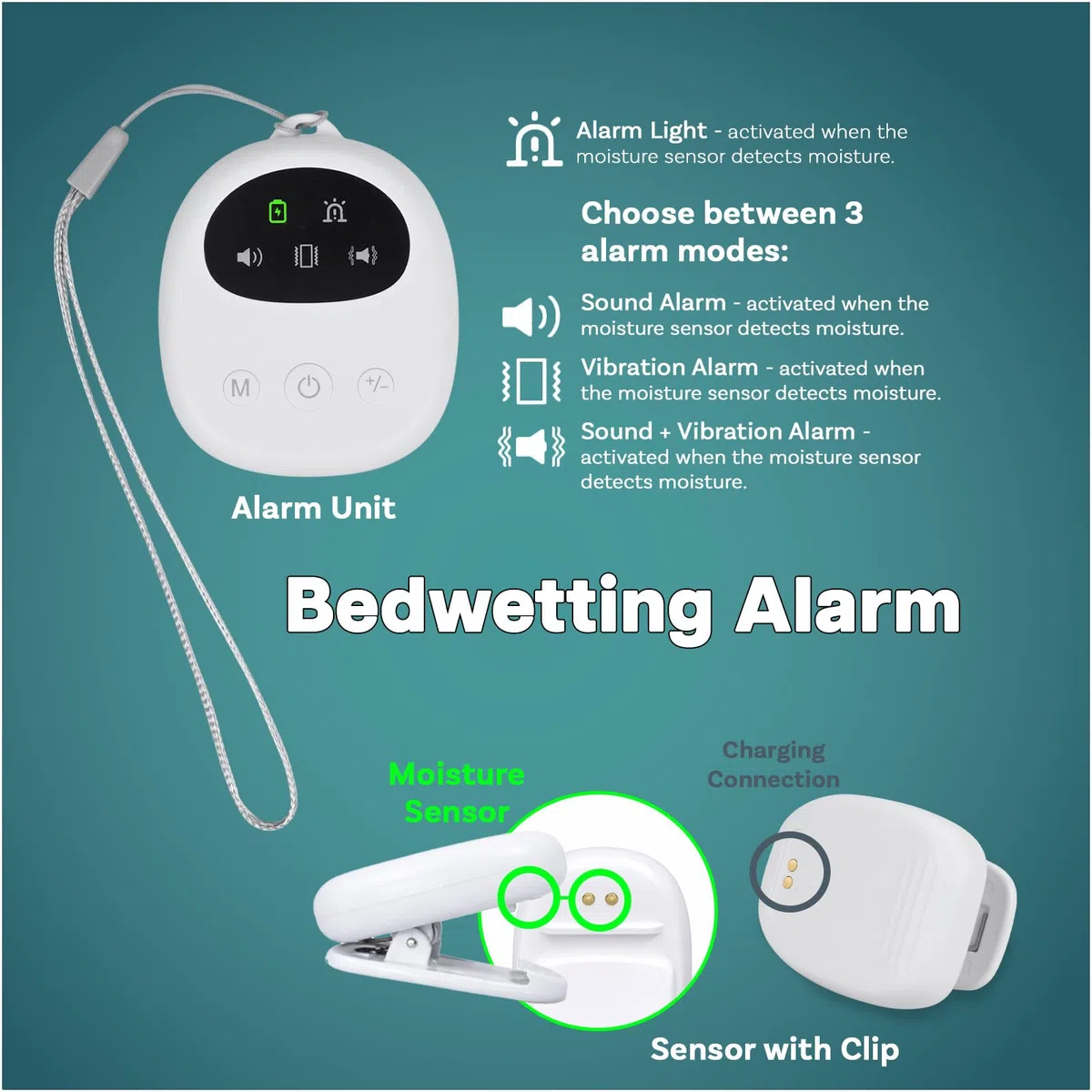 Alarma Enuresis para Niños y Personas Mayores de MMOBIEL – Compacta Sensor de Humedad con Cable y Clip – Sonido, Vibración y Luz – Recargable USB – Volumen Ajustable – Entrenamiento para ir al Baño