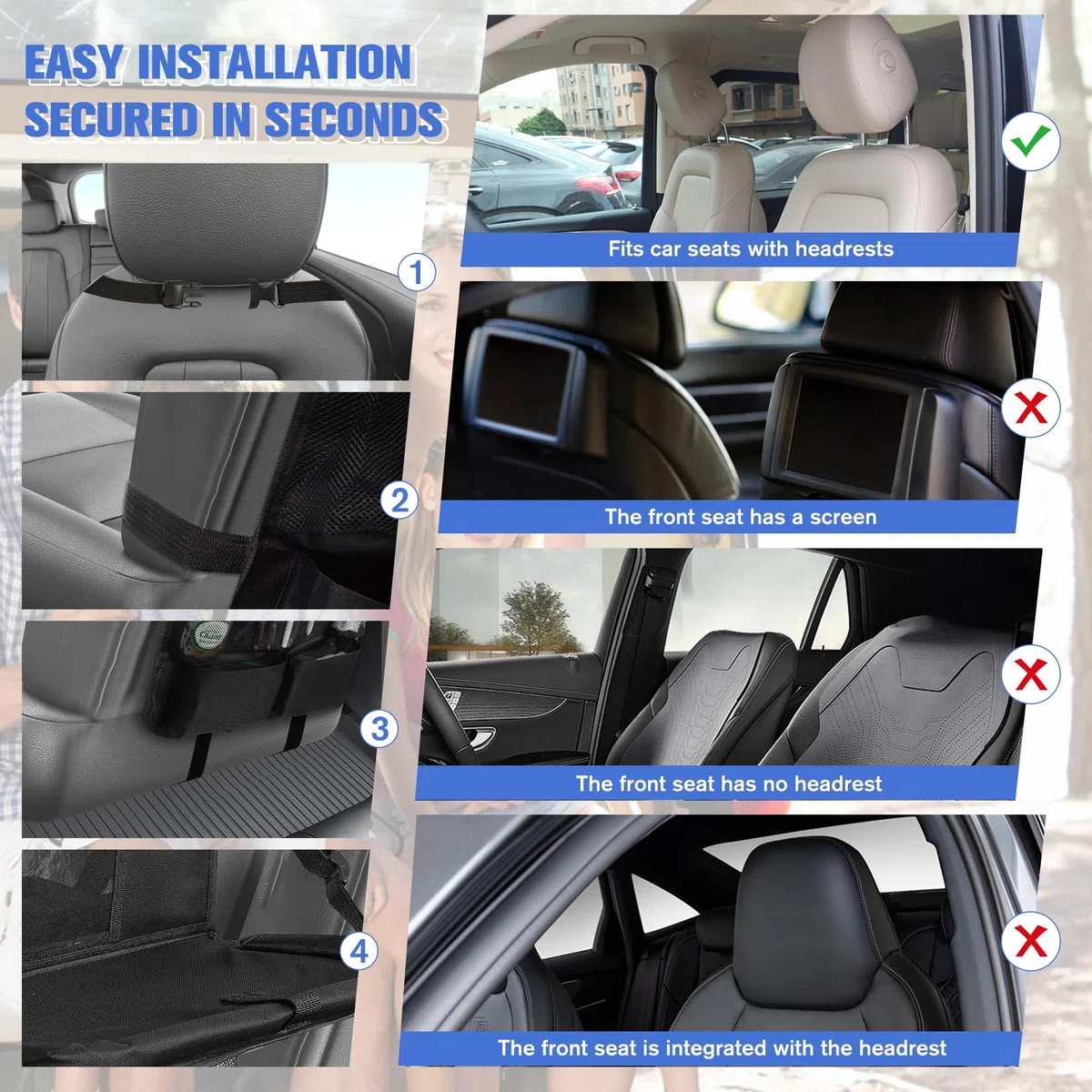 Organizador Asiento Coche 2 Piezas, Negro con Mesa Plegable, 10 Bolsillos, Funda Tablet Táctil | Organizador Coche Universal para Viajes con Niños (2)