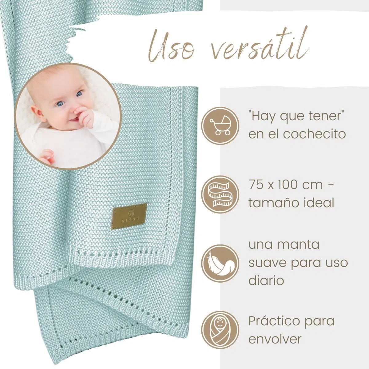 DIKOS Manta Bebé 100% algodón orgánico Gots | Mantita Bebé Necién Nacido | Manta de Punto para Niño y Niña | Accesorios para Bebes | Arrullo Bebe Recien Nacido Regalos Canastilla (Menta)