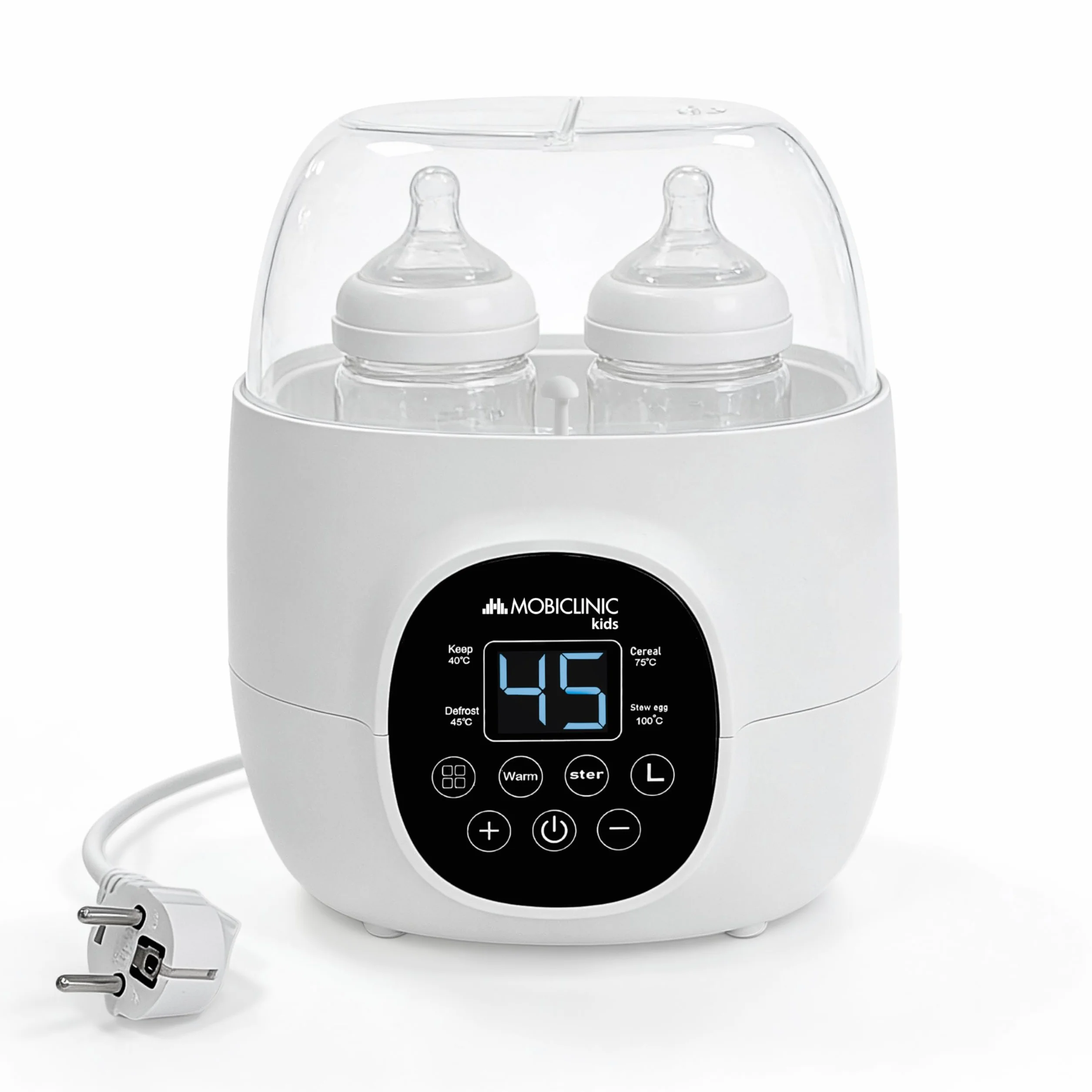 Mobiclinic®, Calienta Biberones y Esterilizador, 6 en 1, Capacidad Doble, Descongela, Programable, Mantiene la Temperatura, Calentamiento Rápido, Leche Materna, Sin BPA, Pantalla LCD, Bibidu