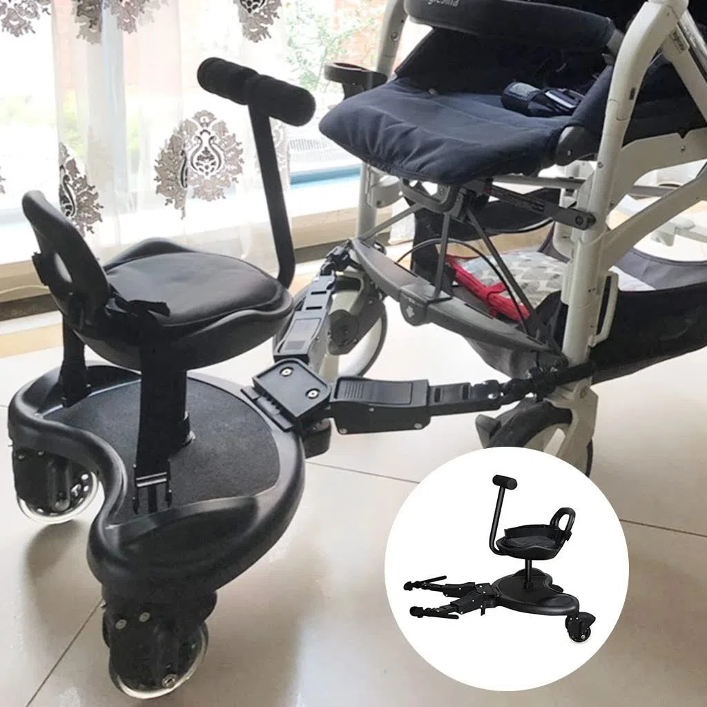 Tabla de cochecito con asiento, tabla de pie, tabla de cochecito para niños pequeños, diseño estable de dos ruedas con asiento, tabla de pie que se adapta a cualquier cochecito (2 en 1 negro)