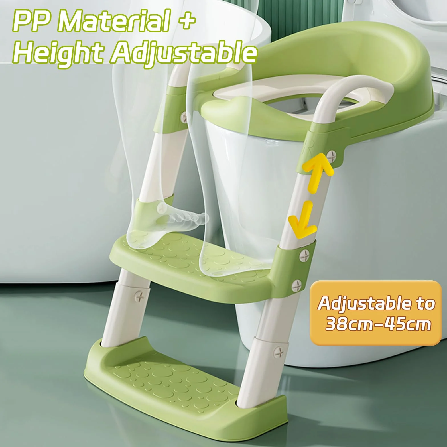 Adaptador WC Niños con Escalera, Reductor WC niños plegable con asa para niños, Escalera de inodoro ajustable en altura con asiento cómodo y escalones extra anchos (Verde)