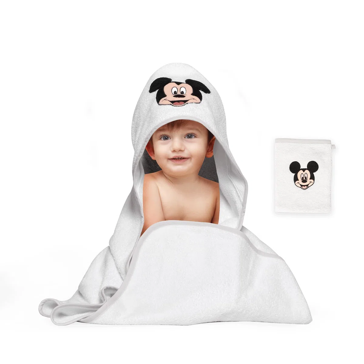 Disney Home Mickey Mouse - Juego de Toallas con Capucha absorbentes con Certificado Oeko-Tex, 2 Piezas, Toalla con Capucha de 80 x 80 cm, manopla de 15 x 20 cm