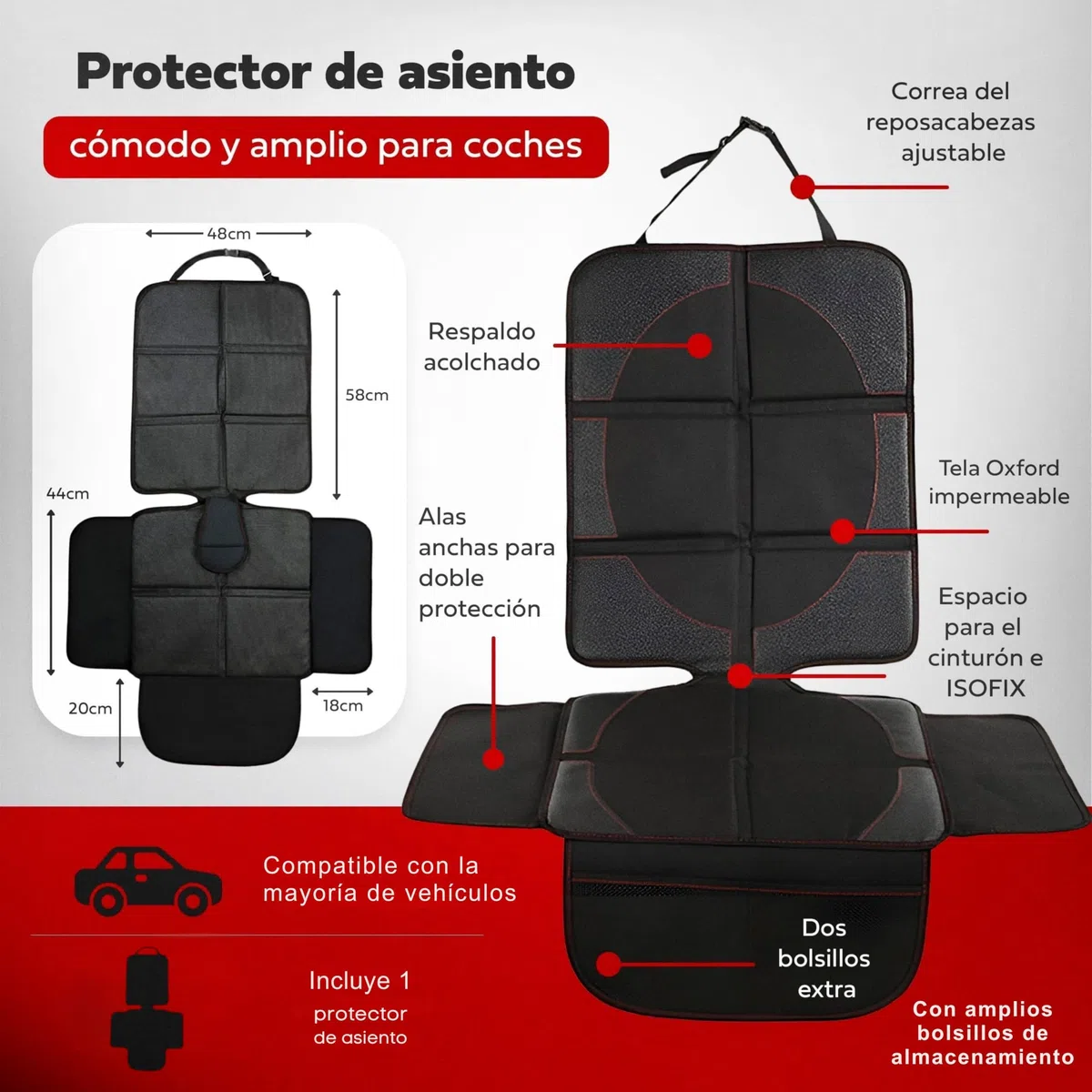 Protector Asiento Coche Silla Bebe Compatible con ISOFIX (1 Ud) | 3 Compartimentos y 6 Bolsillos │ Asas Reforzadas │ Tamaño Adecuado para Coche, SUV o Furgoneta │ Mantén el Maletero Ordenado
