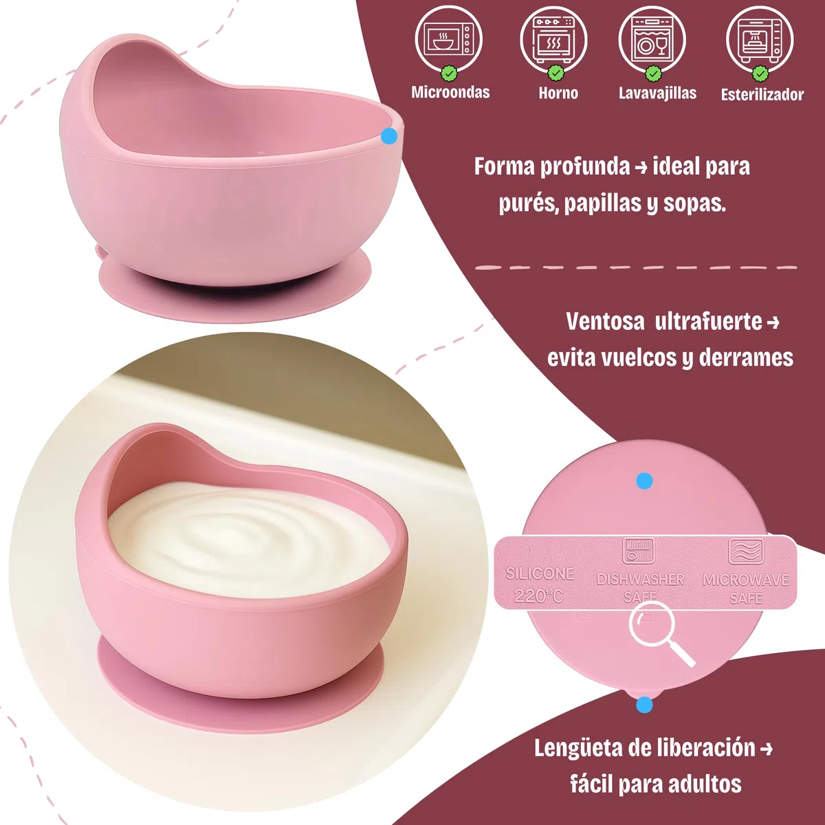 Vajilla Bebe Silicona - Cubiertos Bebe 6 Meses - Platos Bebe Ventosa - Blw Utensilios - Vajilla Infantil - Alimentacion Complementaria Bebe - Cubiertos Infantiles - Babero Silicona Rosa
