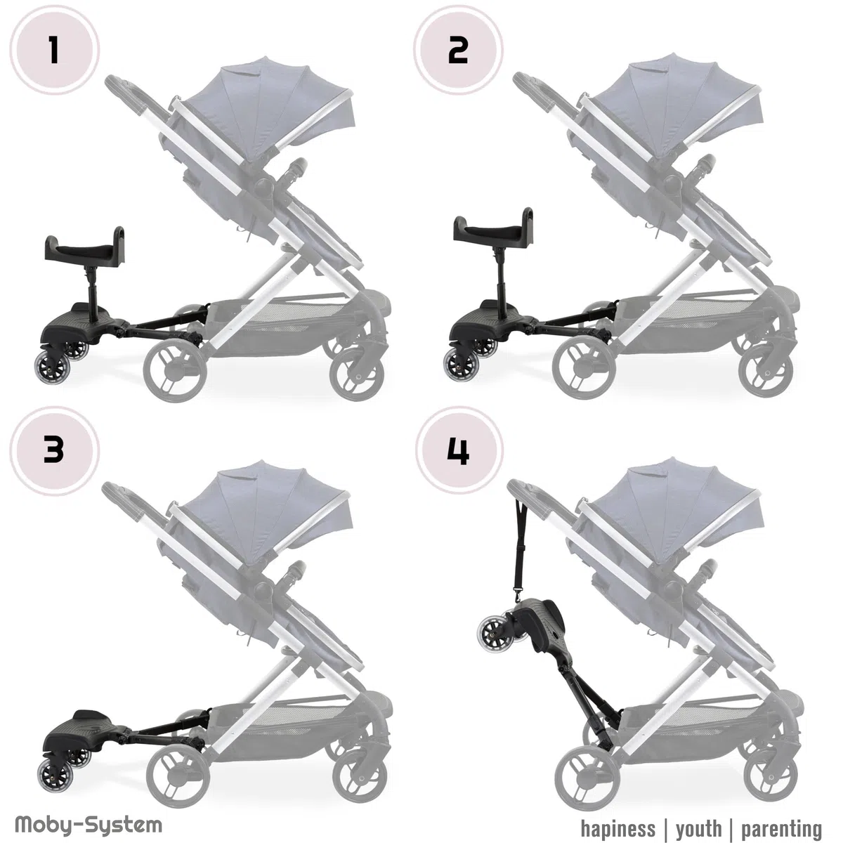 Moby-System BUGGY2GO Proveedor de cochecito con asiento ajustable, montaje universal, ruedas amortiguadas de 360°, para niños de 2 a 5 años, se adapta al 99,9% de los cochecitos, asiento de entrega