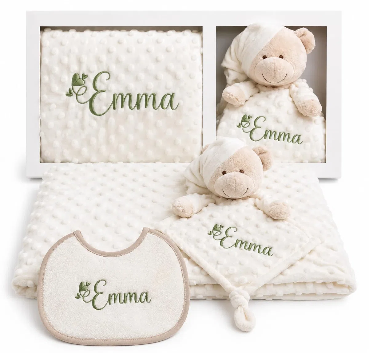 Danielstore Manta de bebe personalizado con su nombre bordado Set de Manta+DouDou+ Babero, básicos recién Nacido bebé Set Regalo Recien Nacido (Manta+Dou Dou+Baberos) (Beige)