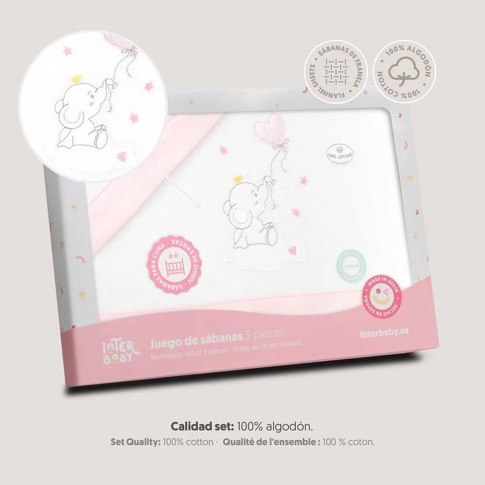 Interbaby - Juego Sabanas Cuna 60x120 Algodon 100% | Sabana Cuna Franela, Cálida, Suave | Incluye Sabana Bajera, Encimera y Funda de Almohada | Ideal para Invierno | Elefante Globo Corazón Blanco/Rosa