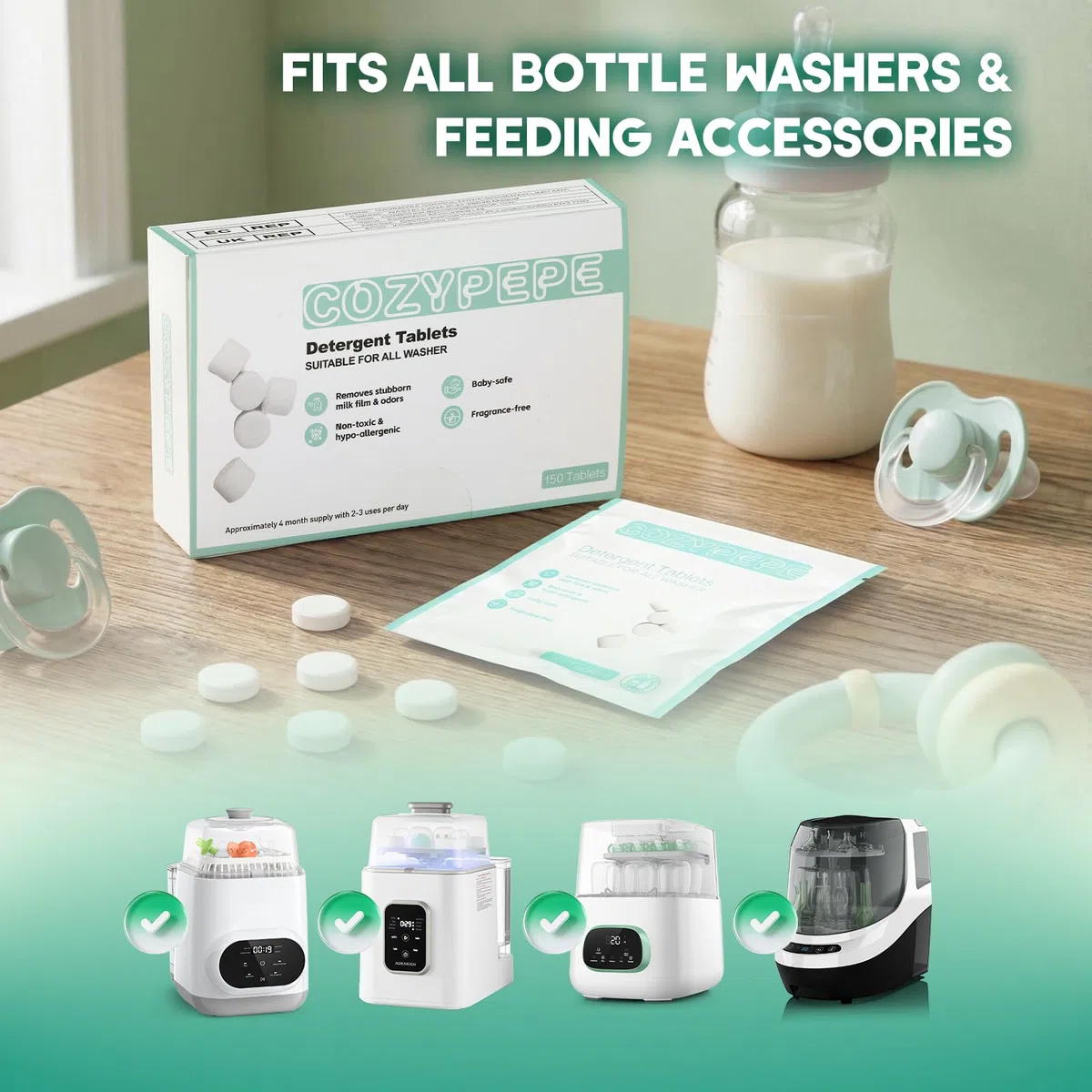 Tabletas detergentes para lavavajillas de biberones de bebé, 150 unidades, fórmula suave de disolución rápida, elimina residuos de leche, grasa y olores, compatible con todas las marcas, apto para lav