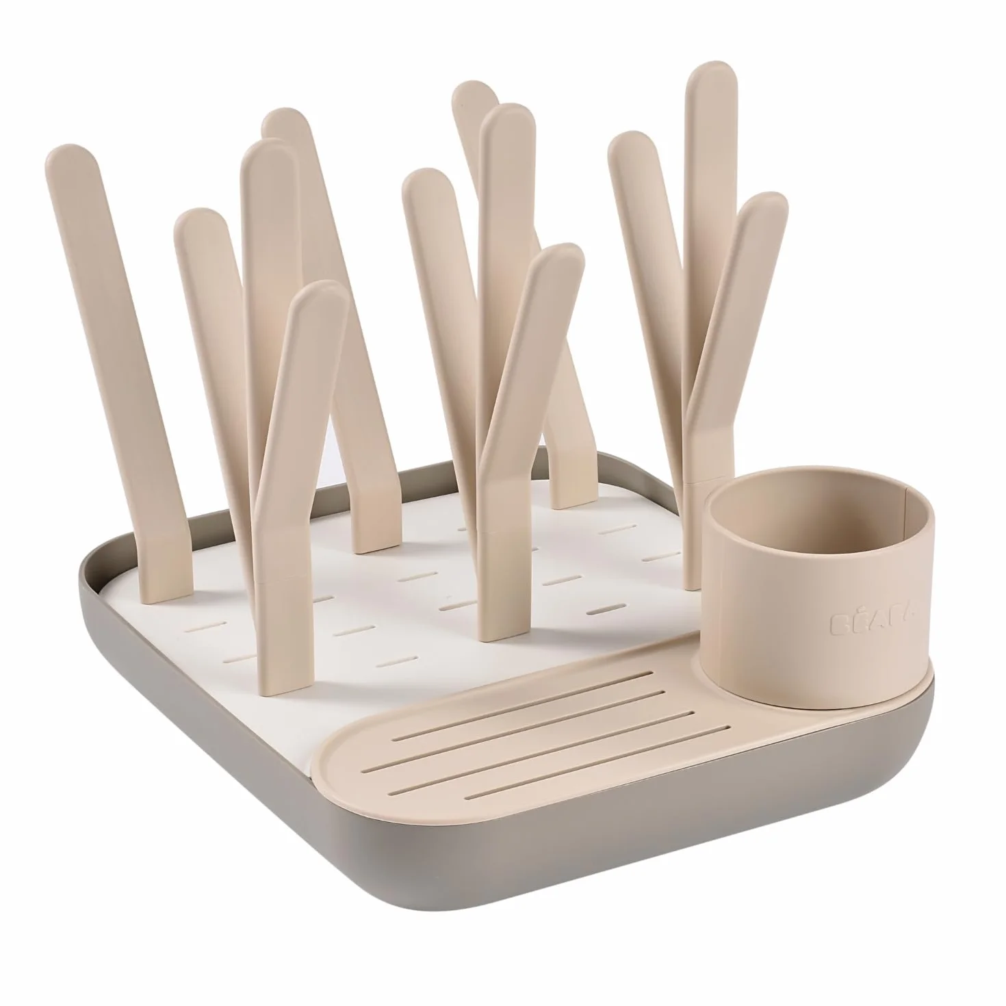 BÉABA, Escurridor y secador de biberones, gran capacidad, fabricado en España, modulable, hasta 6 biberones y vajilla para niños, recipiente para accesorios, fácil de guardar, compacto, Aarcilla.
