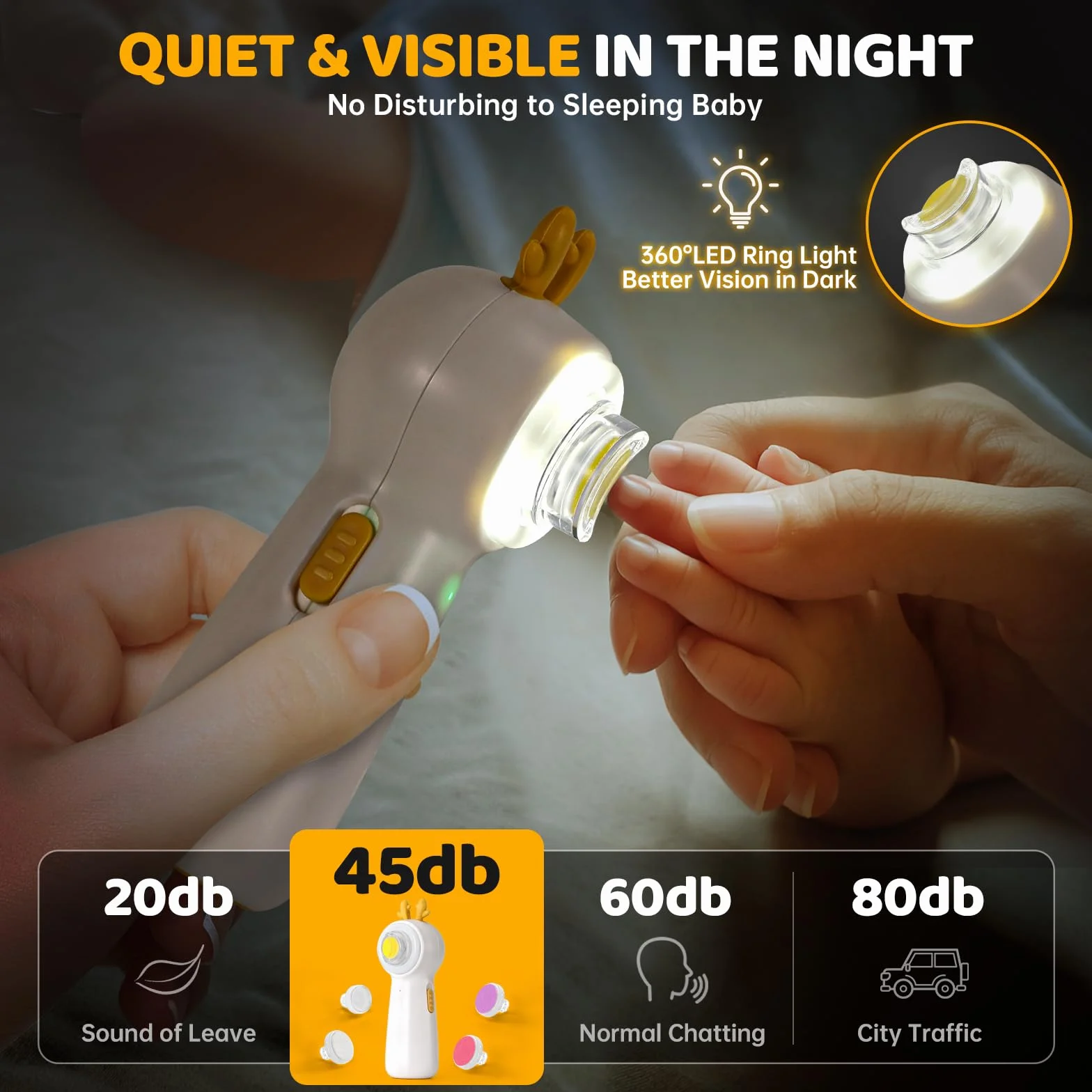 Lima Electrica Uñas Bebe, Lima Uñas Bebe con Cortauñas Bebe, Recargable, Iluminado, 5 Cabezales de Esmerilado, Apto Para Todas Las Edades, Bajo Nivel de Ruido, Fácil de Manejar, Ciervo Amarillo