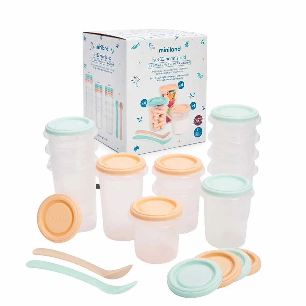 Miniland recipientes herméticos para alimentos bebé | Set 12 Hermisized | Tupper comida bebé, 12 unidades, 3 tamaños 200, 250 y 330 ml, aptos para congelar y calentar, sin BPA, con marcas de medida