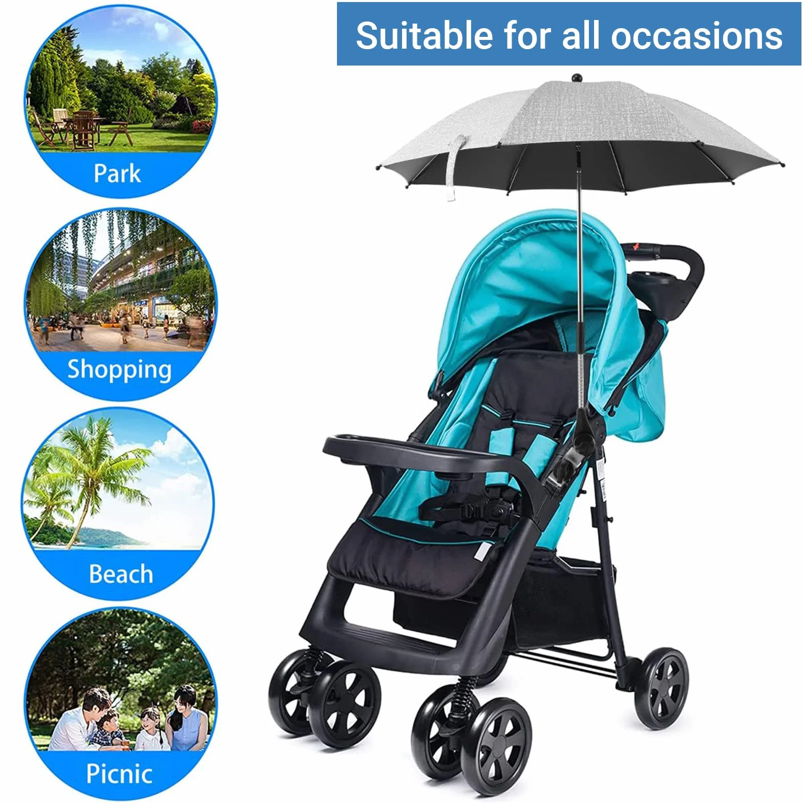 Sombrilla Carrito Bebé, Sombrilla para Cochecito de Bebé Universal Anti UV con Abrazadera Ajustable, Parasol Carro Bebe para Cochecito, Gris