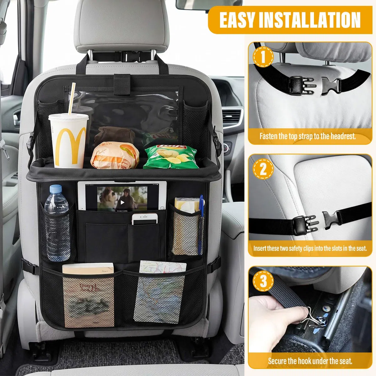 2 Pcs Organizador Asiento Coche,Bolsa de Almacenamiento del Coche con Mesa Plegable y Funda Para Teléfono Móvil/Tableta,Protector Asiento Coche Para Almacenar Juguetes, Bocadillos Y Tazas En El Auto