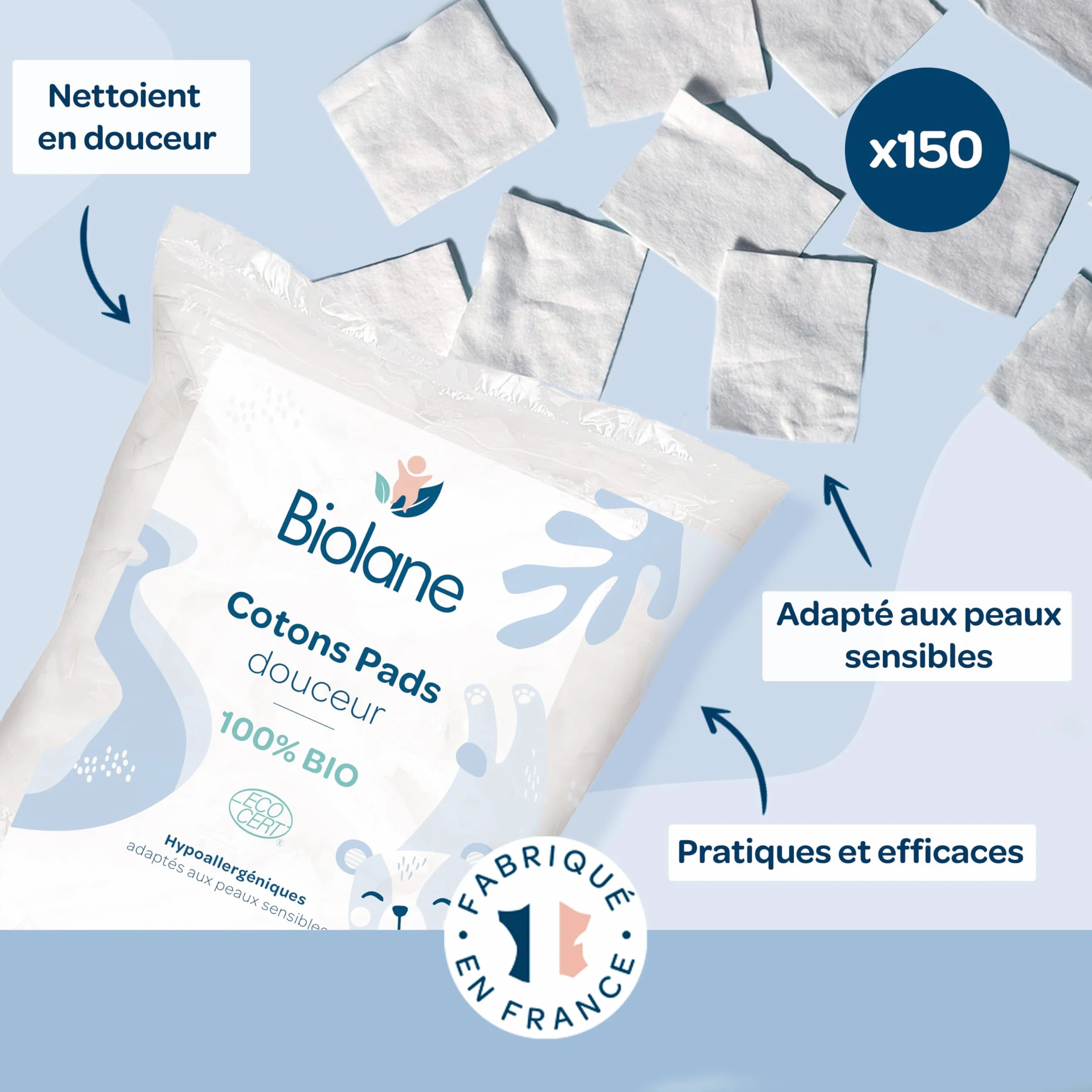 BIOLANE – Juego de 3 almohadillas de algodón para bebé, 100% orgánico, 150 algodón, piel sensible, cambio y aseo – desde el nacimiento – Fabricado en Francia