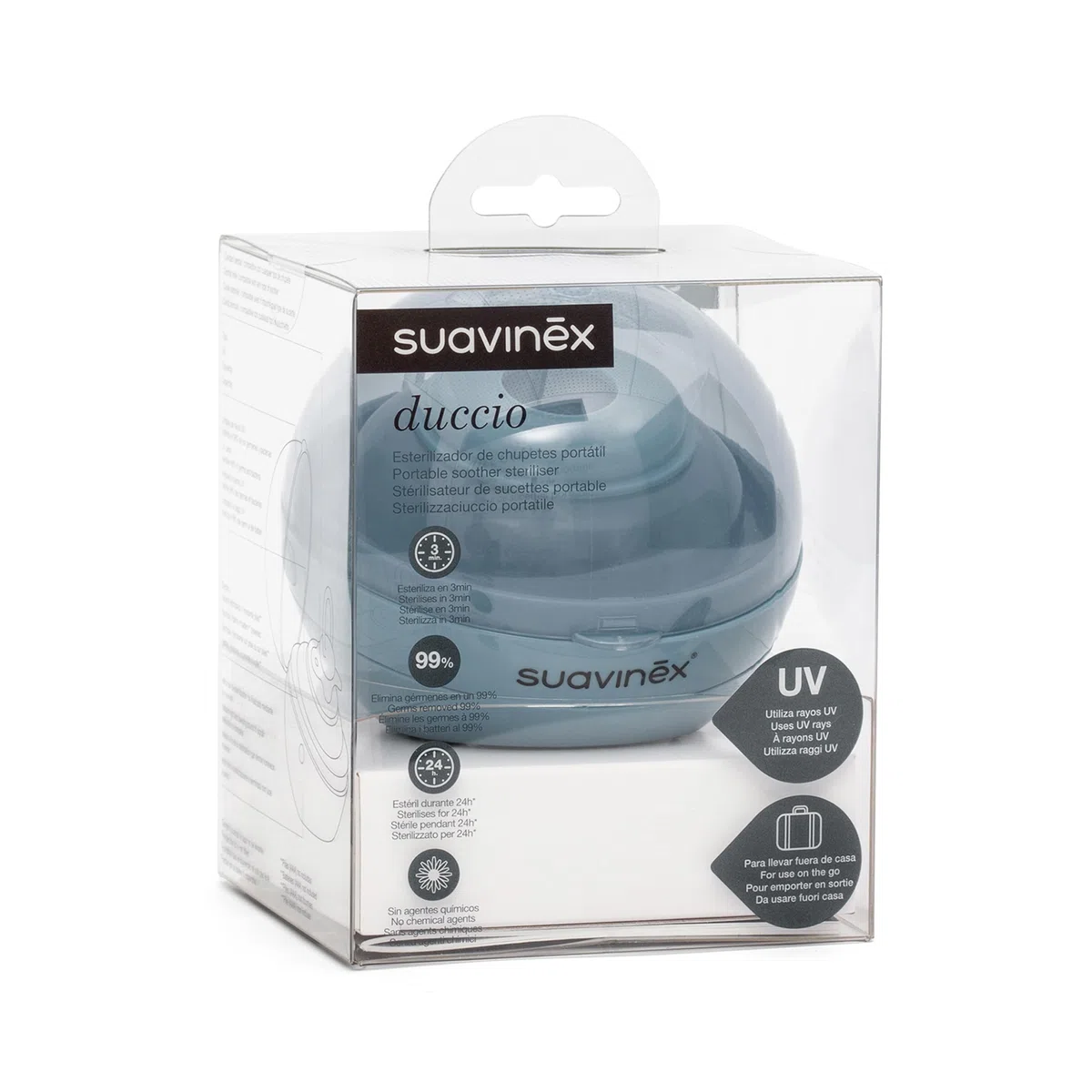Suavinex, Esterilizador de Chupetes Portátil con Luz Ultravioleta UV, Elimina el 99% de los Gérmenes en 3 Minutos, Funciona con Pilas o USB, Seguro, Sin Agentes Químicos, Ideal Viaje, Duccio Azul