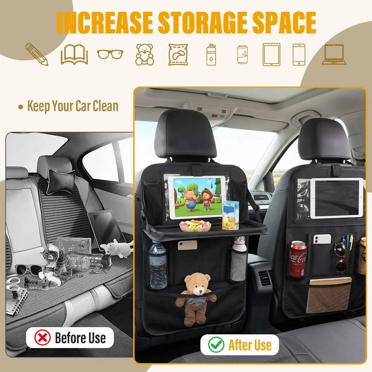 2 Pcs Organizador Asiento Coche,Bolsa de Almacenamiento del Coche con Mesa Plegable y Funda Para Teléfono Móvil/Tableta,Protector Asiento Coche Para Almacenar Juguetes, Bocadillos Y Tazas En El Auto