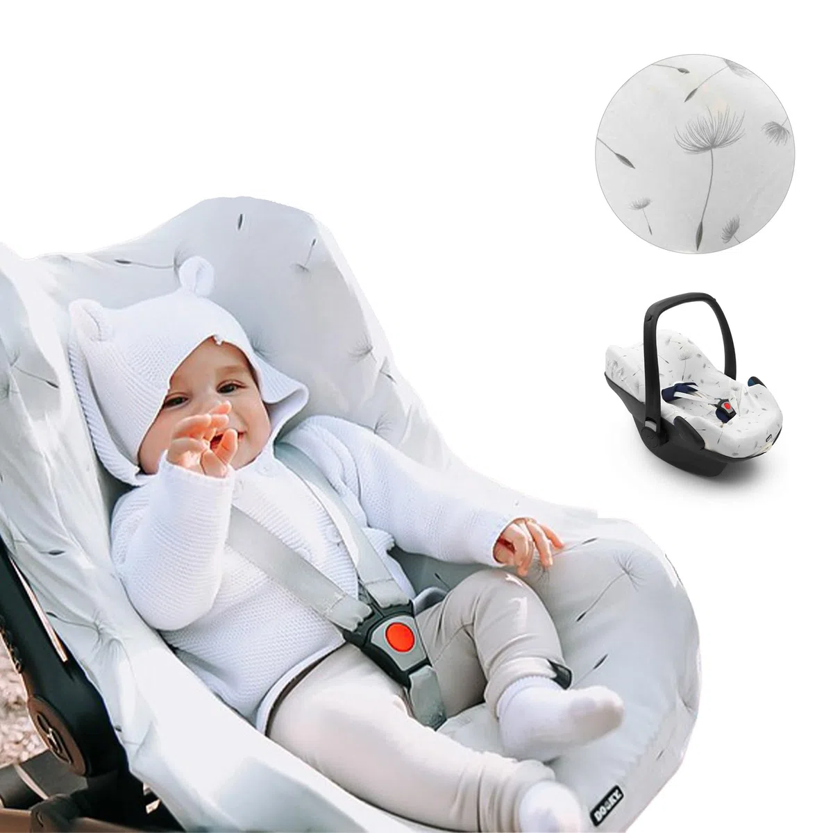 Dooky Seat Cover 0+ Dandelion Cubierta para el Asiento de Coche del bebé (para Sistema de cinturón de 3 y 5 Puntos, Grupo de Edad 0+, Adecuado para la mayoría de Las Marcas), Blanco