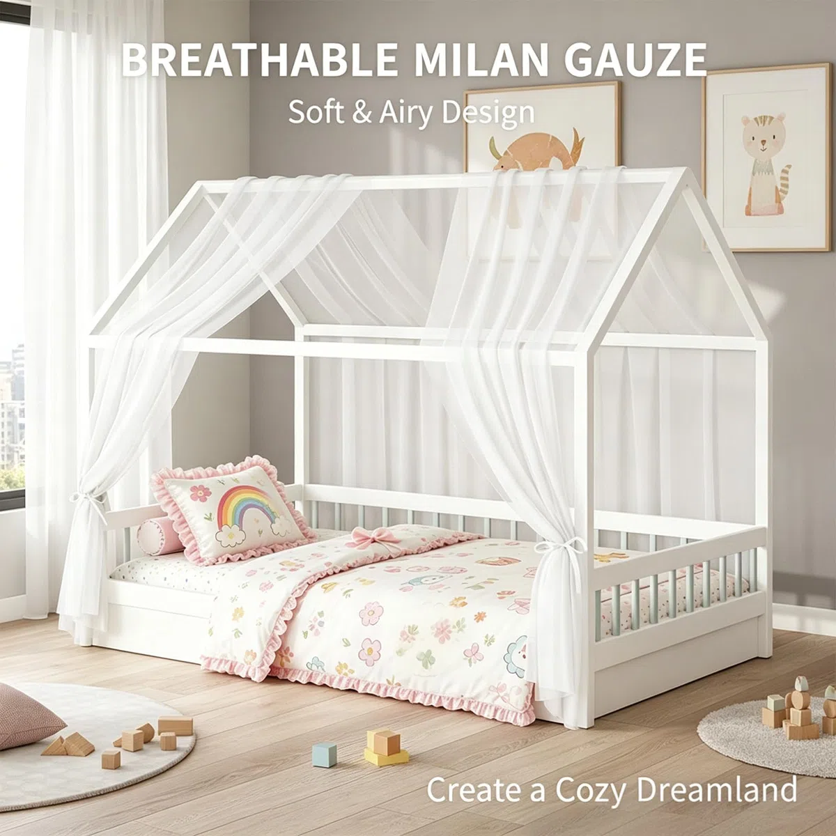MeYuxg Juego de Dosel para Cama de Casa 2 Piezas, Dosel para Cama de Casa Decoración,150x 350 CM Algodón Orgánico,Dosels para Cama de Casas Transpirable, Muselina para Cuna
