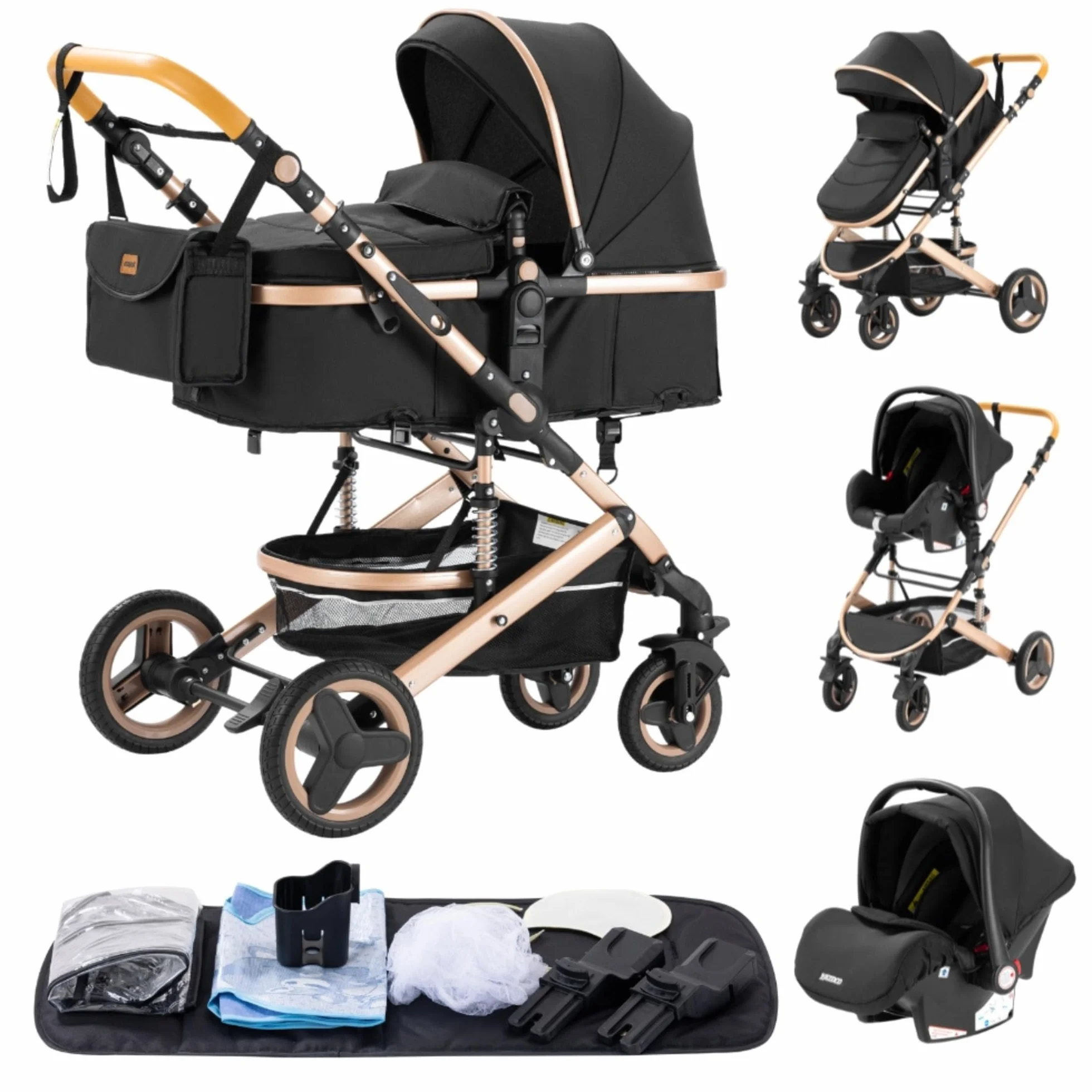 YAZOCO carrito bebe 3 en 1, Cochecito de Bebé Combinado Compacto Todoterreno Lujoso Paisaje Alto Cuatro Veces 0-36 Kg Sillas de paseo BastóN Plegable Accesorios CóModos (2 Negro)