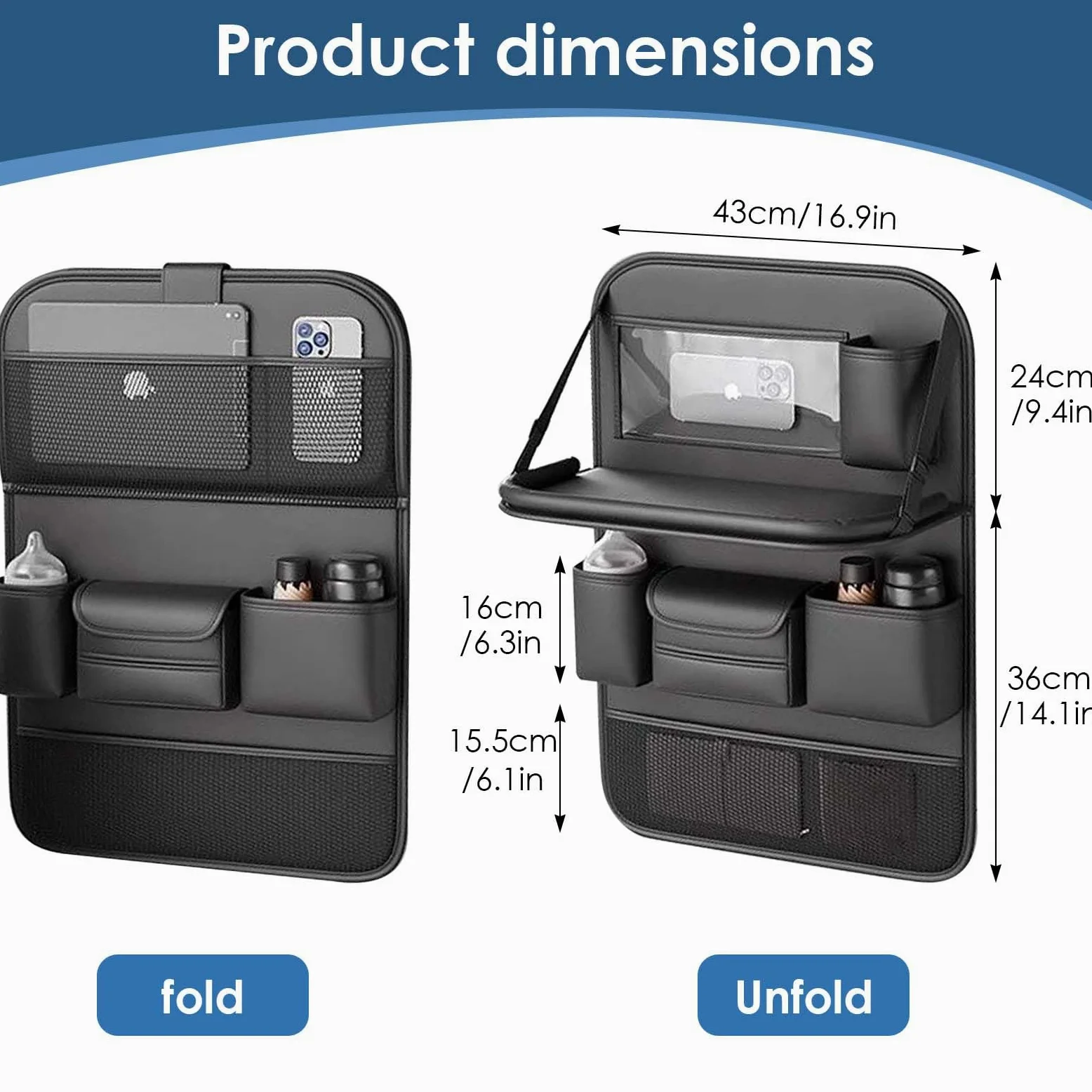Organizador Coche Asiento, Protector Asiento Coche Respaldo, Multi Bolsillo Almacenamiento de Coche, Organizador para Coche con Mesa Plegable para iPad Tablet Botella Bebida, Negro, 61x42 cm