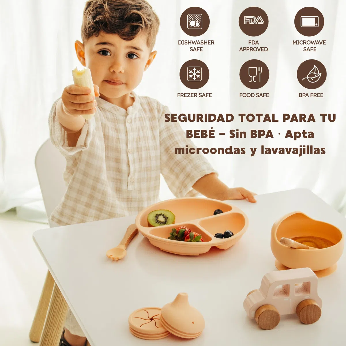 Vajilla Bebé BLW Premium 7 Piezas – Silicona Alimentaria sin BPA | Plato y Bol con Ventosa + Vaso Evolutivo 4 en 1 | Set Completo +6 Meses – Regalo Ideal Color Melocotón