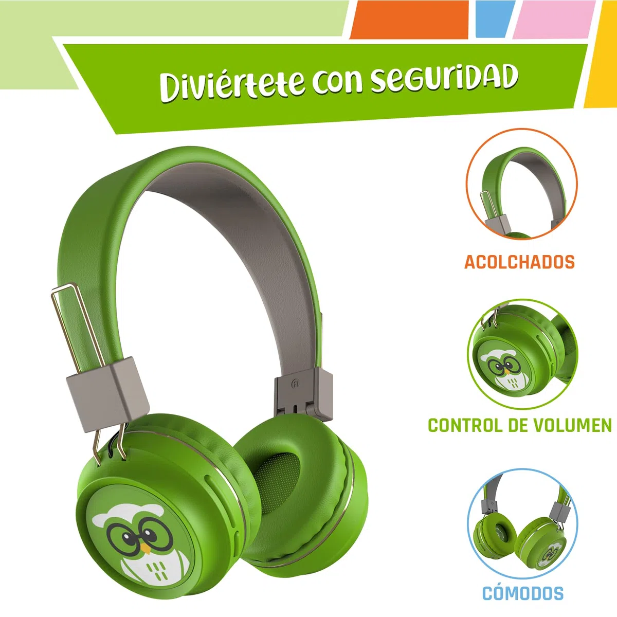 TinyGeeks Neo - Auriculares inalambricos con límite de Volumen - Certificación SGS 83 dB + Certificación CPSIA | Auriculares para niños con Control de Volumen - Verde
