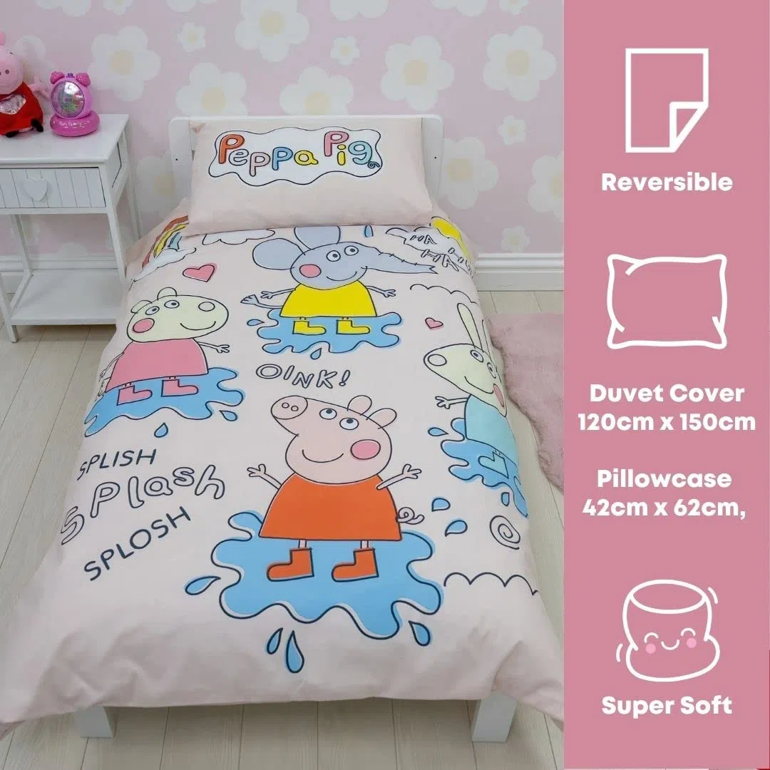Character World Peppa Pig - Juego de Funda de edredón Oficial para Cuna Infantil | Diseño Divertido Reversible de 2 Caras para niños con Funda de Almohada a Juego | polialgodón
