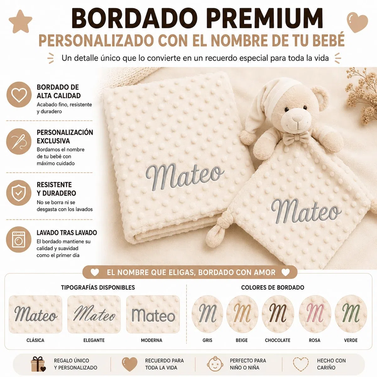 mibebestore Pack Manta Bebé Personalizada con Nombre con Doudou Bordado Regalo para Recién Nacido Niño o Niña Mantita Minky Suave 80x100 cm Dou Dou 25x25 cm para Cuna Coche - Oso Beige