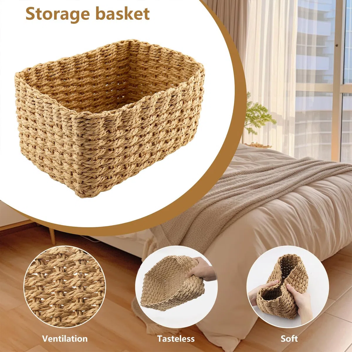 Juego de 4 Cestas de Mimbre Apilables, Cestas de Almacenamiento Trenzadas, Cestas de Cuerda de Papel Reciclable, Cestas Almacenaje, Cesta Mimbre Para Baño, Mesas, Cocina, Salón