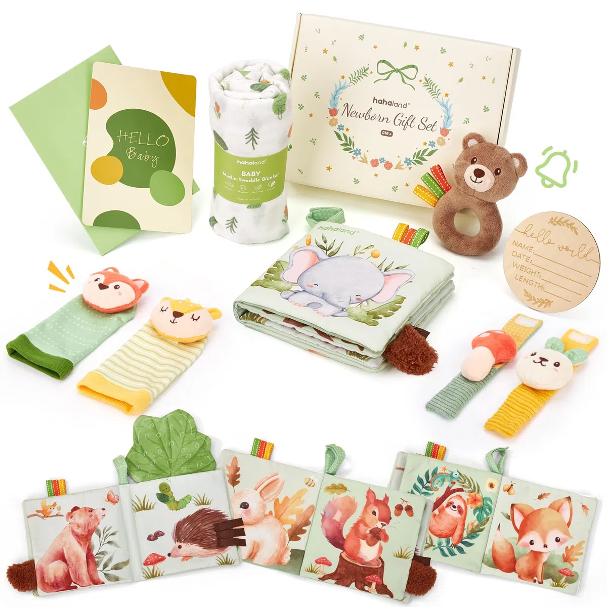hahaland Regalo Bebe Recien Nacido Niño Niña - 9 en 1 Canastilla bebe con Manta, Sonajeros, Libros Bebe, Tarjeta - Cesta Bebe Para Baby Shower & Navidad