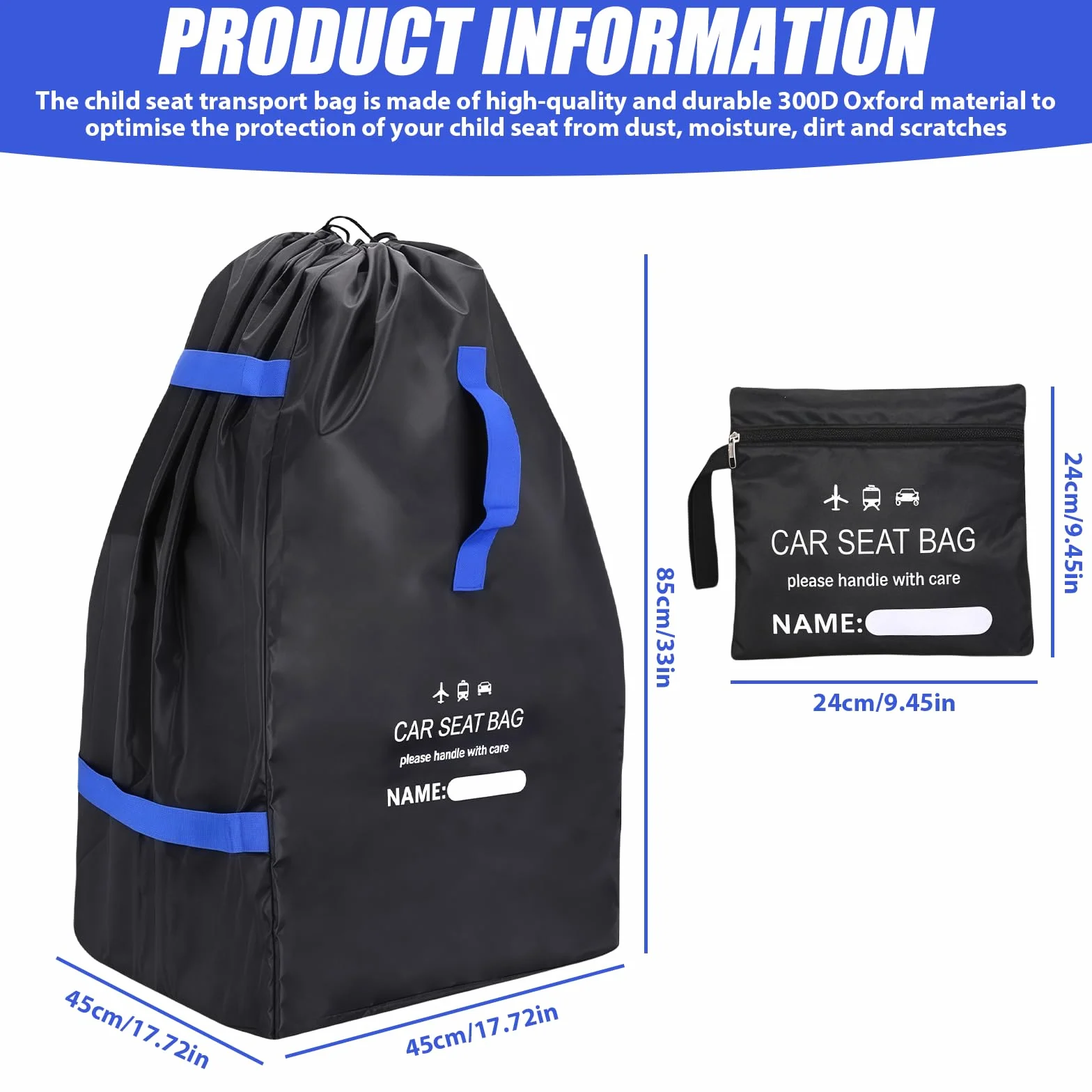 Bolsa de transporte para asiento infantil, bolsa de viaje para viajes en avión, bolsa de transporte para silla de paseo, para cochecito, silla de paseo, 85 x 45 x 45 cm, color negro y azul