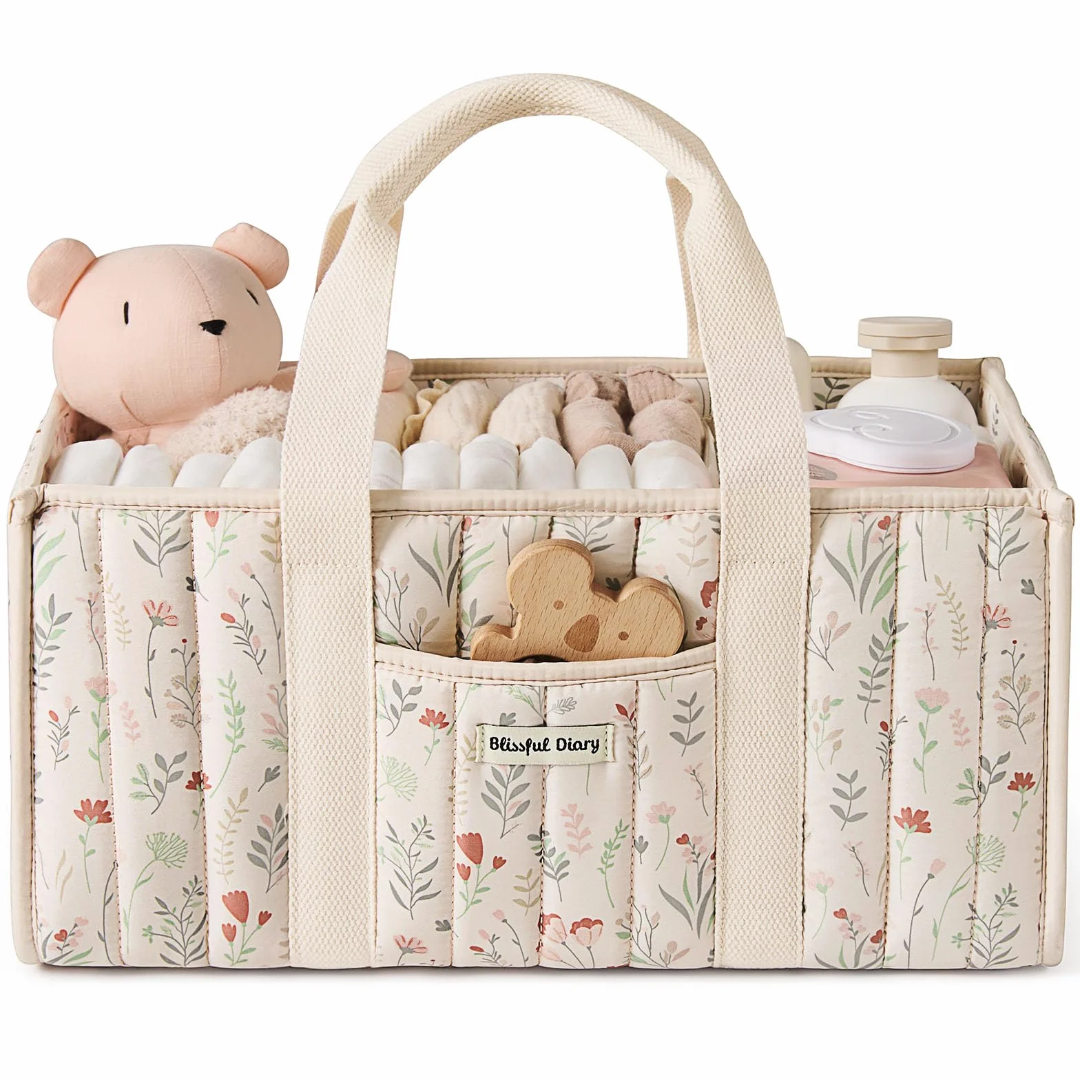 Blissful Diary Organizador de cambiador para bebé, Cesta de Almacenamiento Elegante para Necesidades de Recién Nacidos y Estación de Pañales, Regalo de Baby Shower, Beige Floral