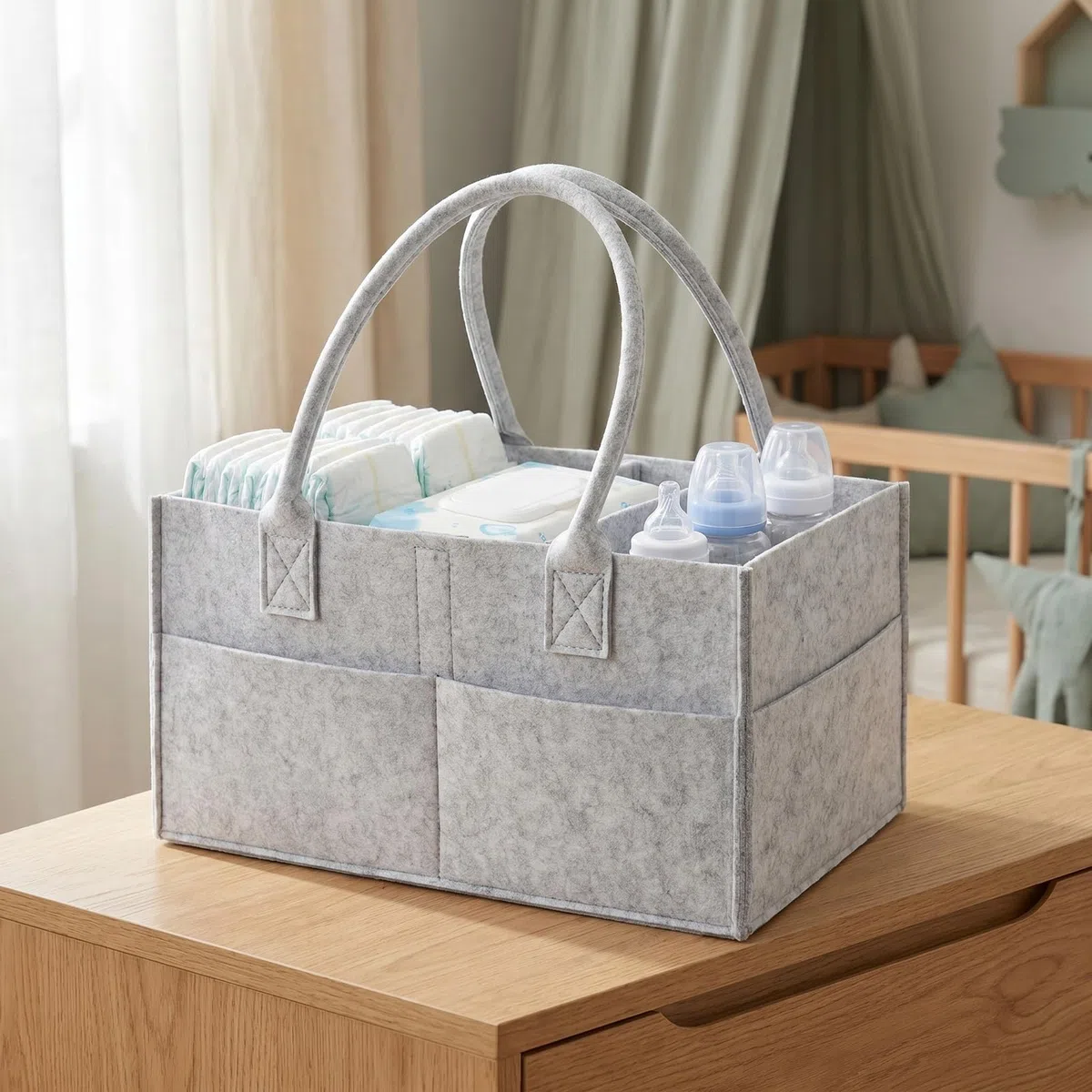 Nivofu Organizador de Pañales, Cesta Portátil con Compartimentos para Cambiador, Hogar Coche Viaje, Gris