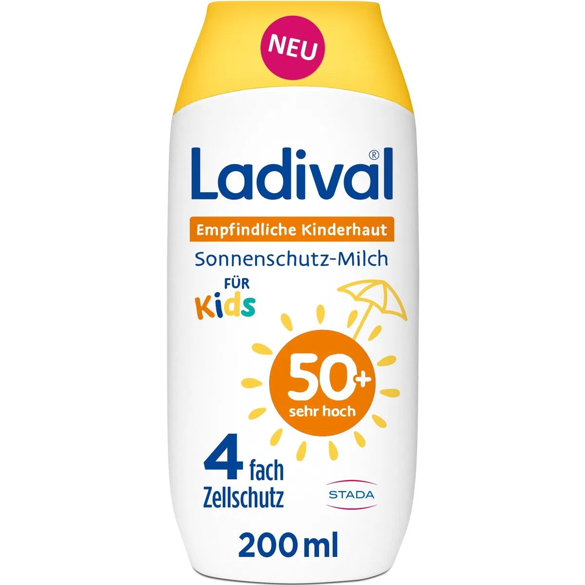 Ladival Crema solar infantil con leche LSF50+ para pieles sensibles de niños, bebés y niños a partir de 6 meses, extra impermeable, 4 capas de protección celular, 200 ml